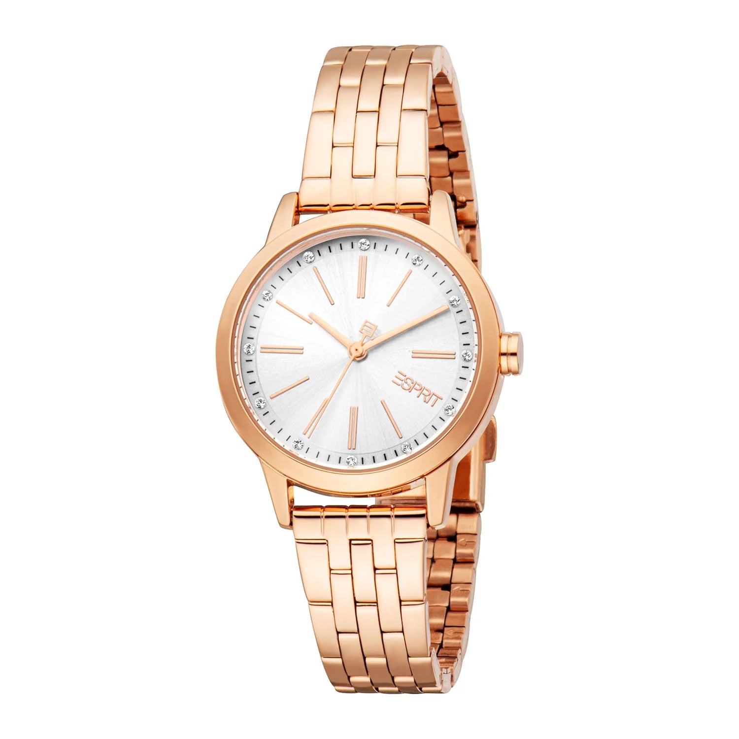 Front studio portrait of the Esprit Renata women's watch ES1L484M1055, showcasing its polished rose gold-plated case, silver sunray dial with crystal indices, and matching rose gold stainless steel link bracelet.
