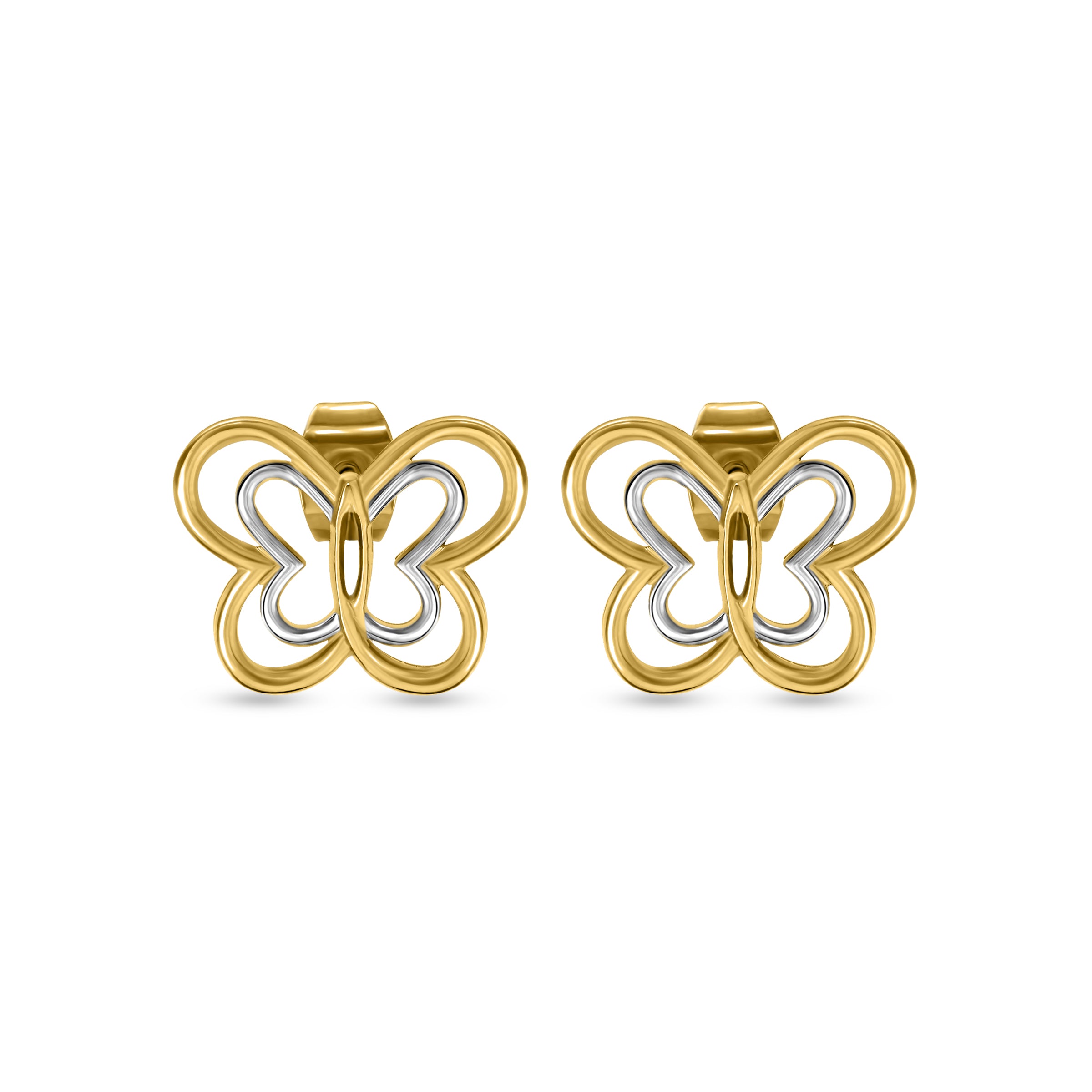Symmetrical frontal view of the Saint Honoré Orsay gold-plated butterfly stud earrings on a white background, highlighting the two-tone yellow gold and silver-accented cut-out wings.