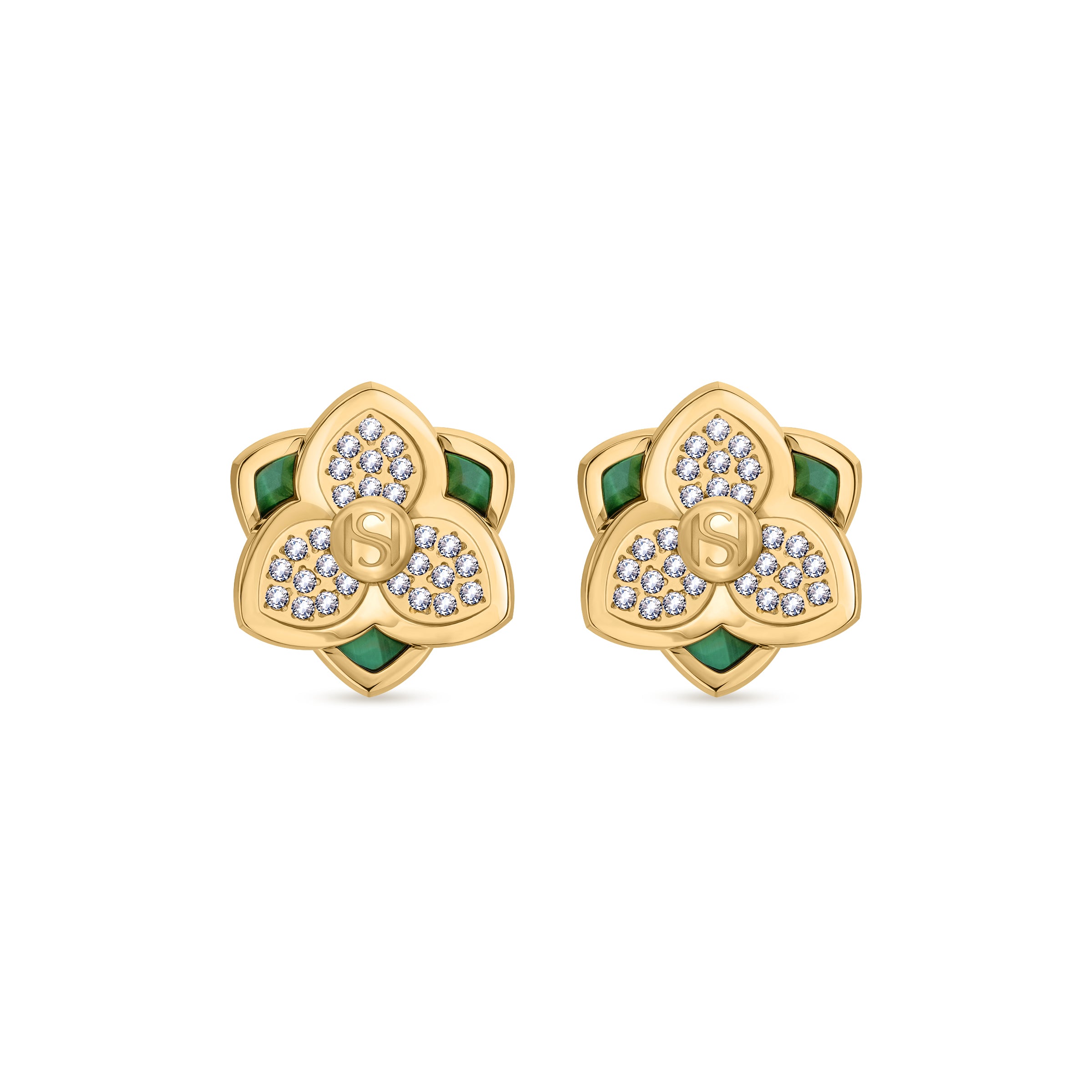 A direct, front-facing studio portrait shot of the pair of Saint Honoré Burj flower earrings on a white background, highlighting the central SH logo, green malachite outer petals, and crystal-paved inner petals.