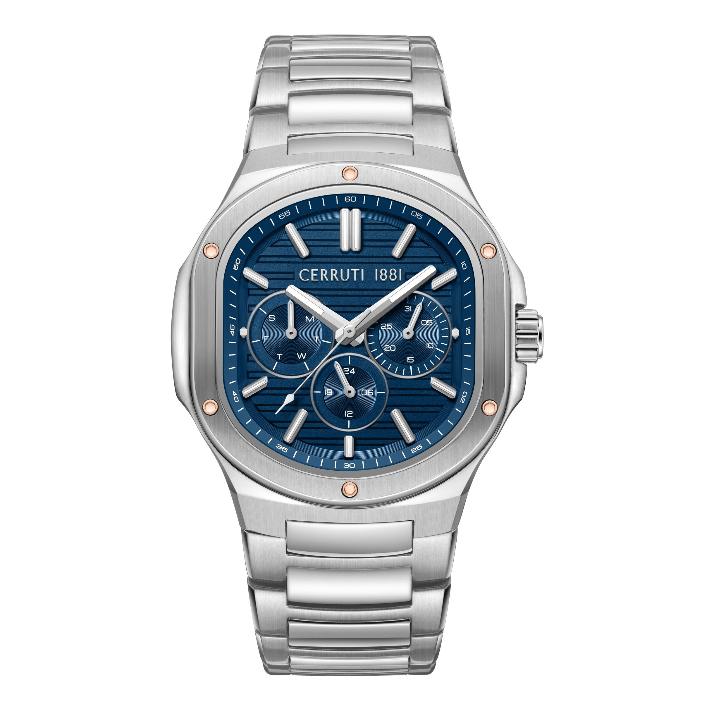 A direct front-facing studio shot of the Cerruti 1881 Trento men's watch, showcasing its cushion-shaped stainless steel case, rose gold rivets on the bezel, and textured navy blue multi-function dial.