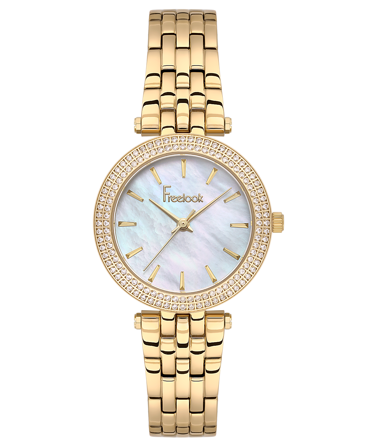 A direct front-facing studio shot of the Freelook Paris Lumière women's watch on a black background, showcasing the fully polished ion-plated gold link bracelet, the double-row crystal-set bezel, and the iridescent white mother-of-pearl dial.