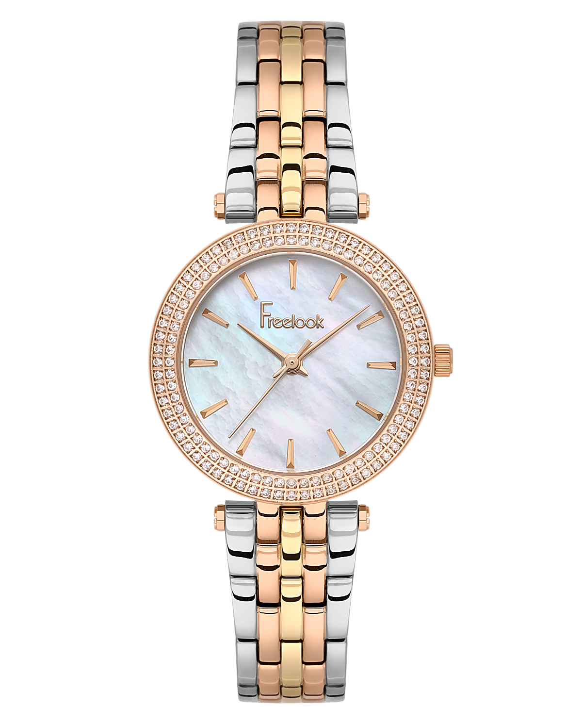 A direct front-facing studio shot of the Freelook Paris Lumière women's watch on a black background, showcasing the vibrant silver, yellow gold, and rose gold three-tone link bracelet, the double-row crystal bezel, and the iridescent white mother-of-pearl dial.