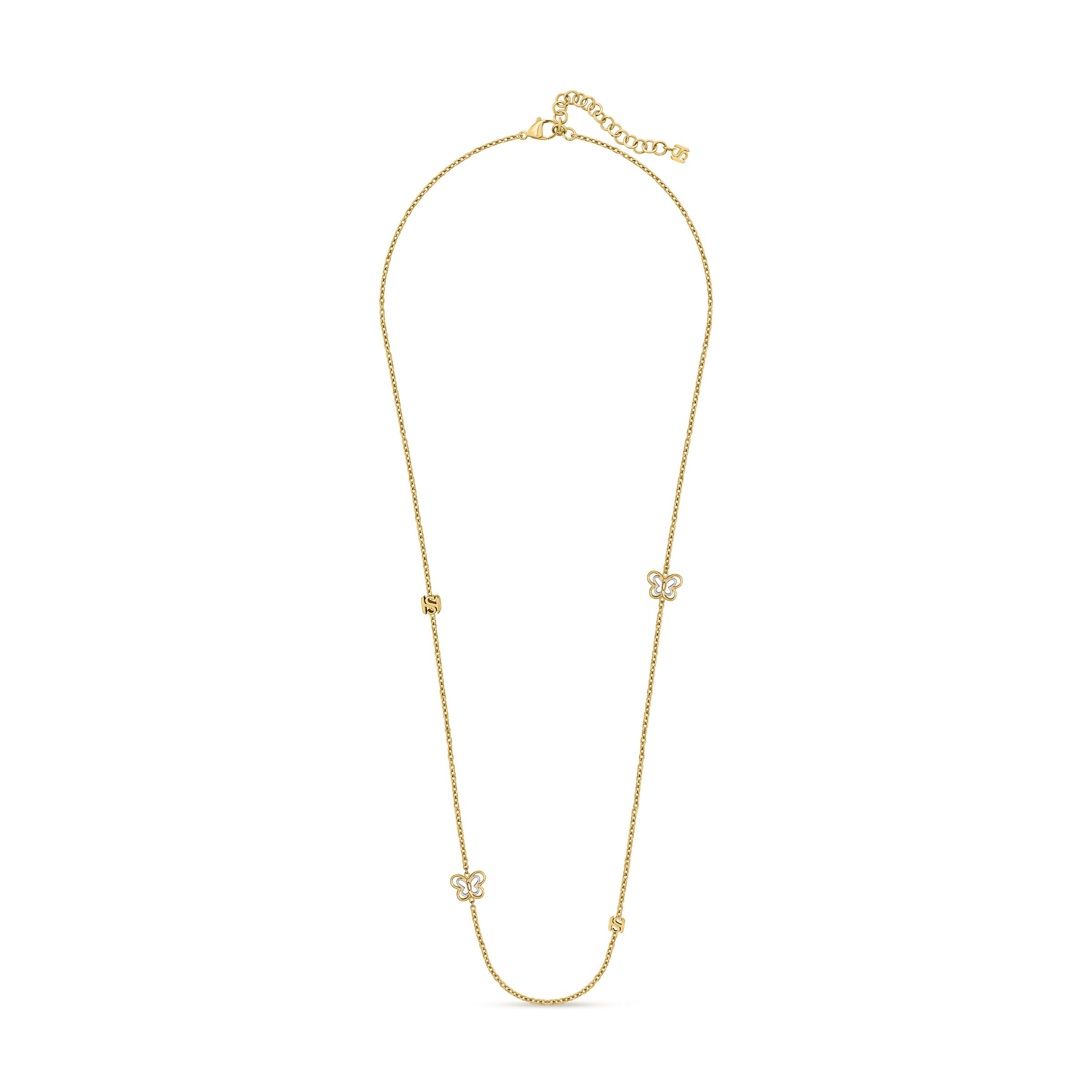 ull portrait view of the Saint Honoré Orsay gold-plated long chain necklace, displaying the symmetrically spaced butterfly charms, interlocking SH block stations, and adjustable lobster clasp.