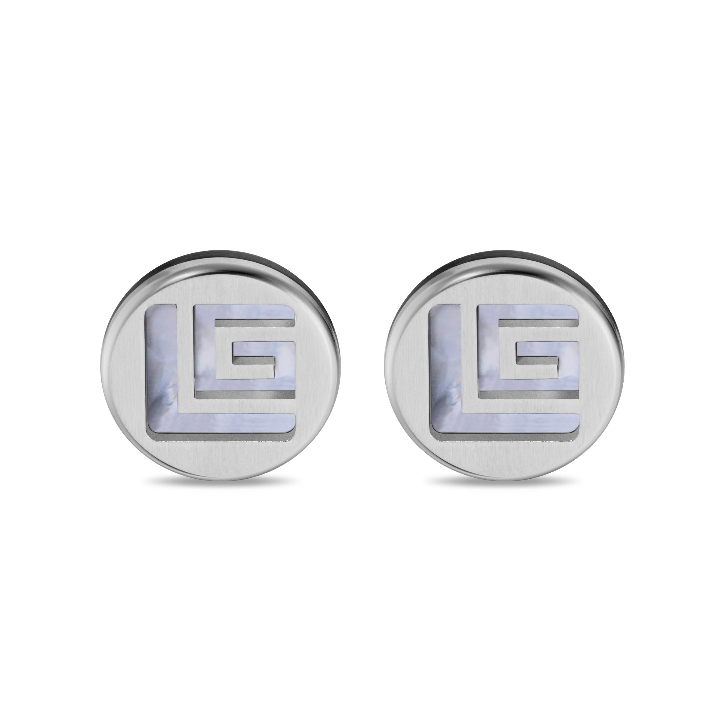 Pair of Guy Laroche circular cufflinks with brushed silver-toned metal frame and light blue marbled mother-of-pearl effect in
