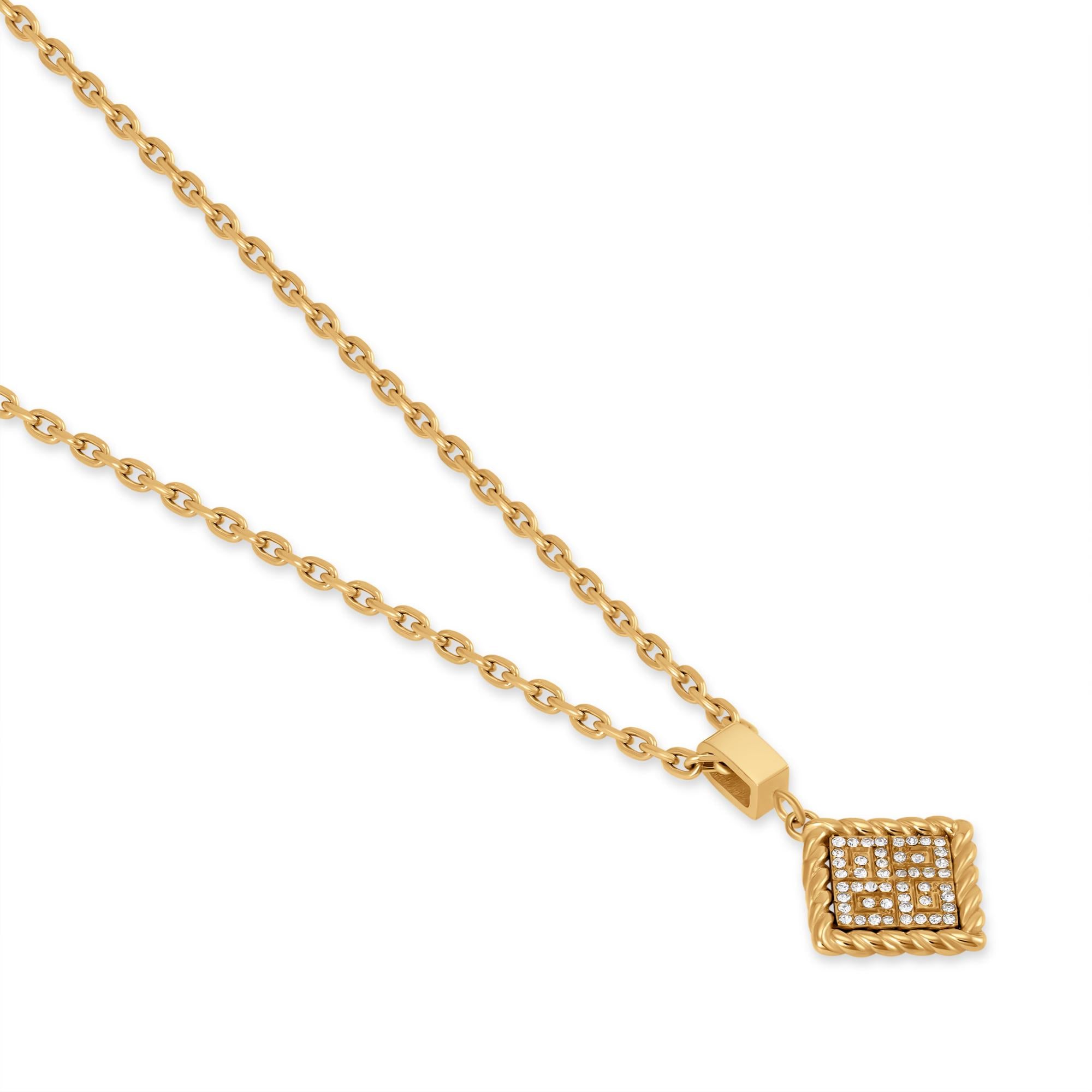 Gold-toned chain necklace with a square pendant featuring a crystal-embellished 'G' initial and twisted wire border