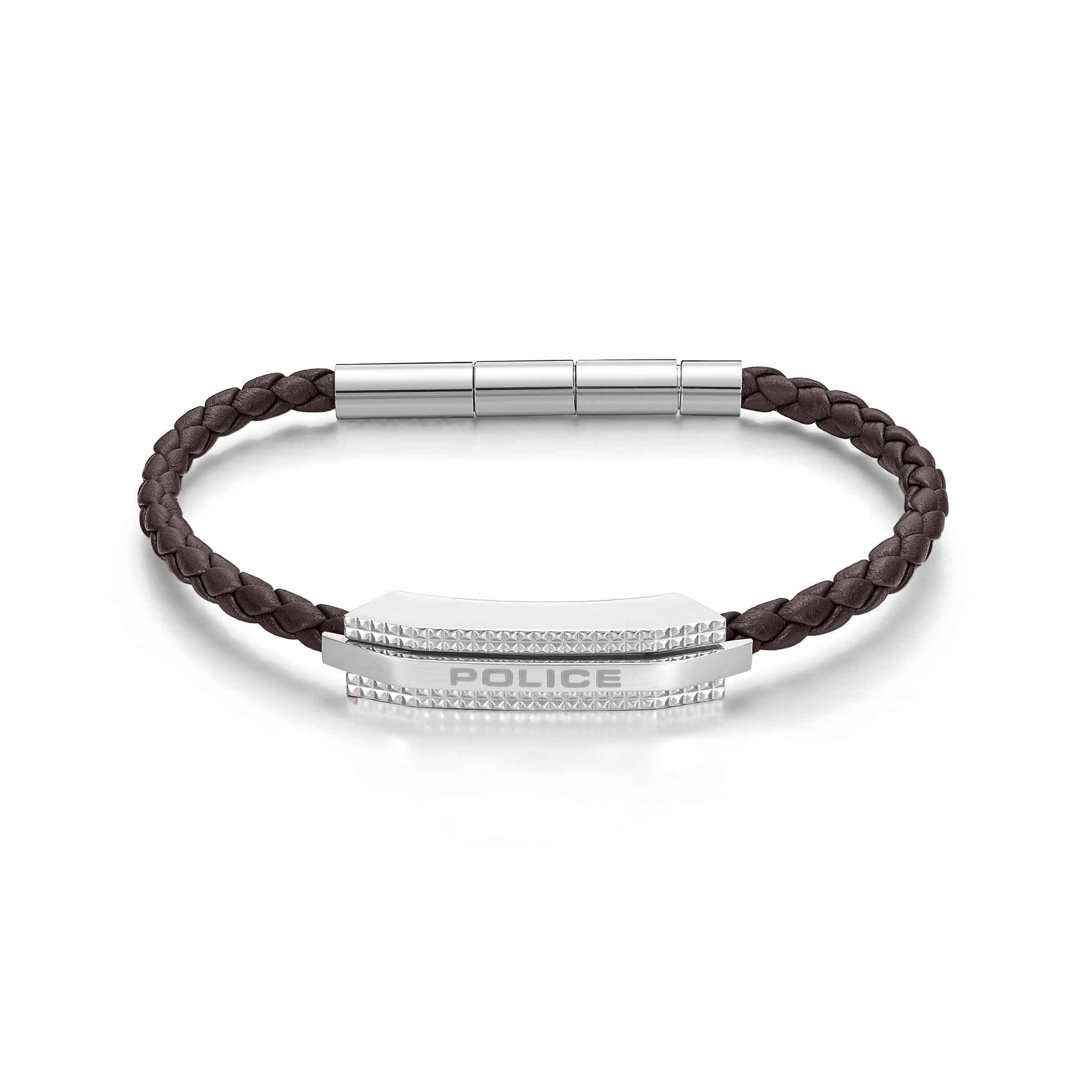 Brown braided leather bracelet with a silver-toned metallic central bar featuring 'POLICE' engraving and a textured stud-effe