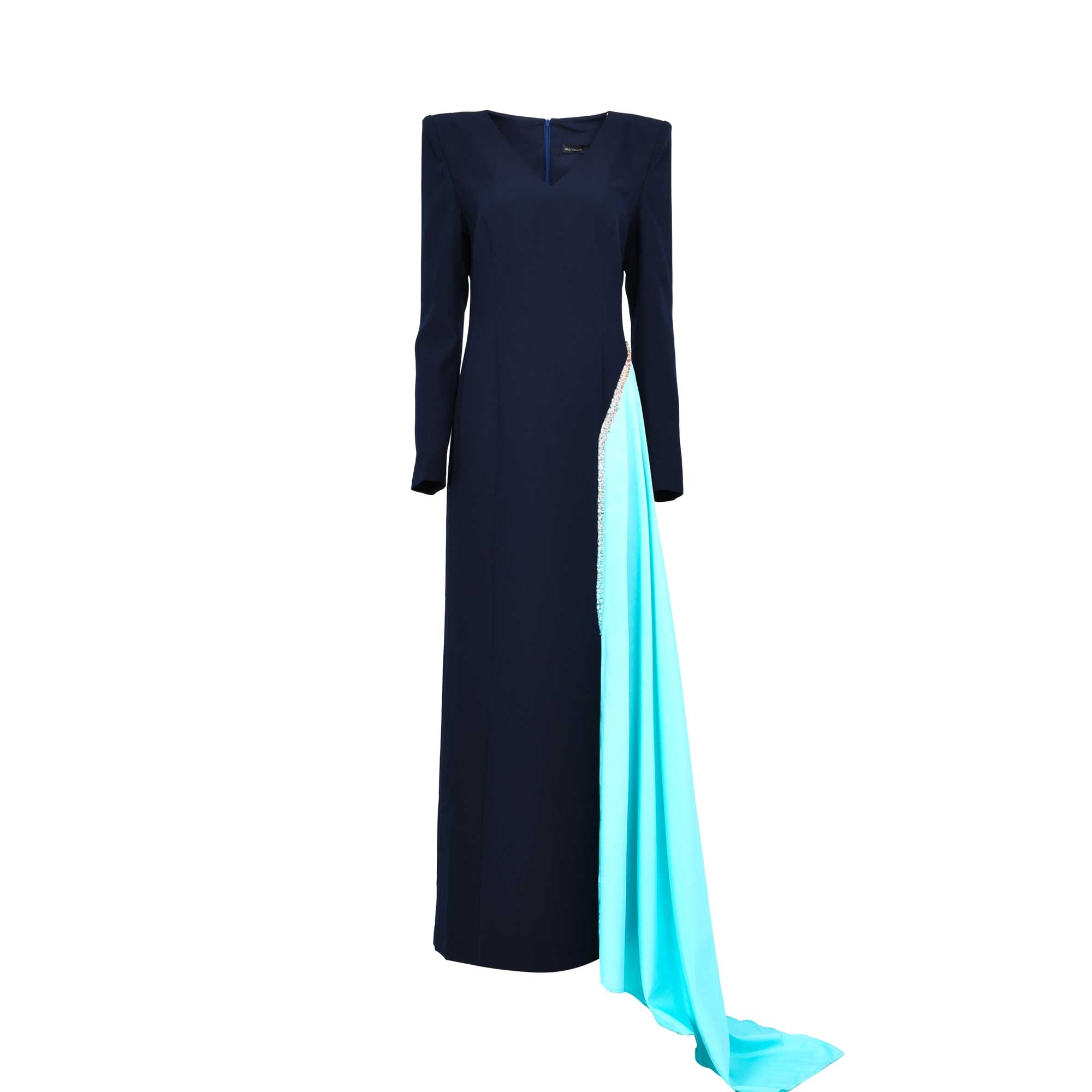 Gw Couture Women's Navy Tiffany Green Long Gown