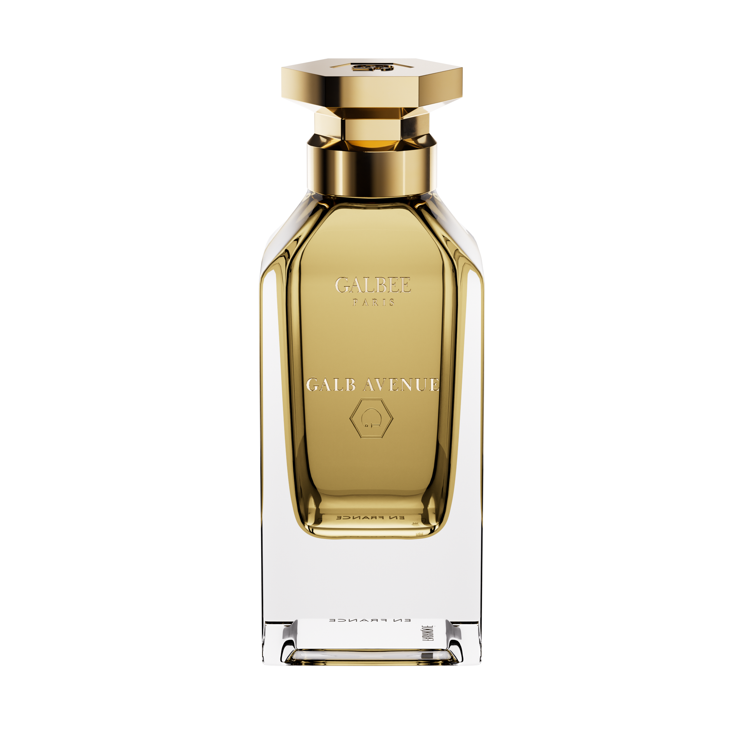 A front-facing view of the Galbee Is Woody perfume bottle, highlighting the gold-etched branding and the signature hexagonal emblem on the glass.