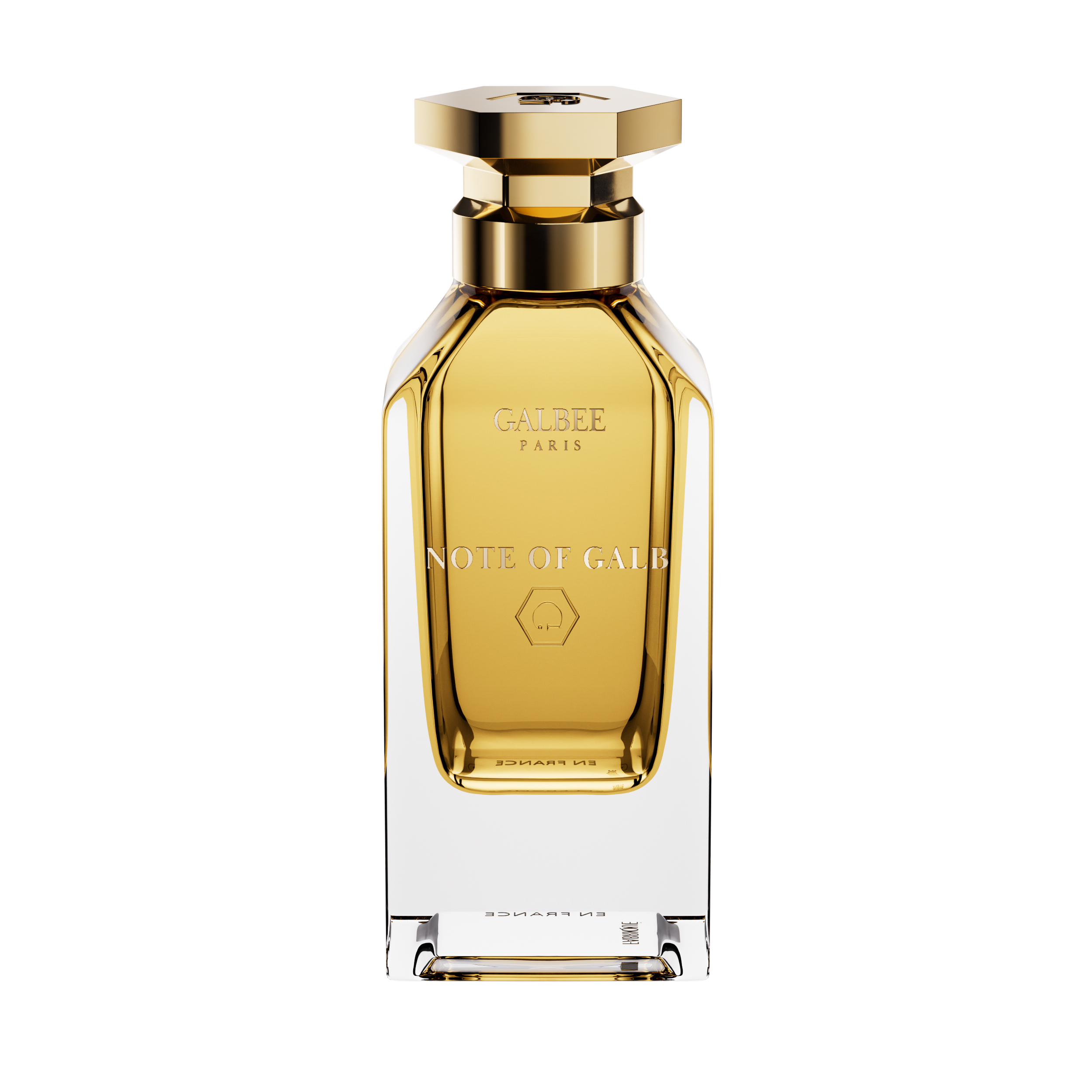 A front view of the Galbee Paris Note of Galb perfume bottle, featuring a clear glass exterior, a golden interior, and a gold hexagonal cap.