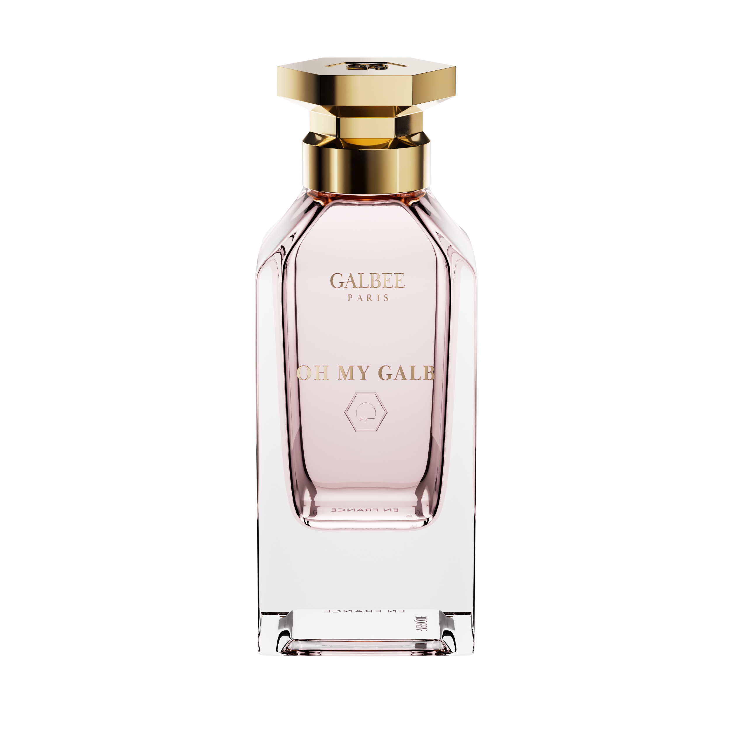 A front-facing view of the Galbee Paris Oh My Galb perfume bottle, highlighting the gold-etched branding and the signature hexagonal emblem on the glass.