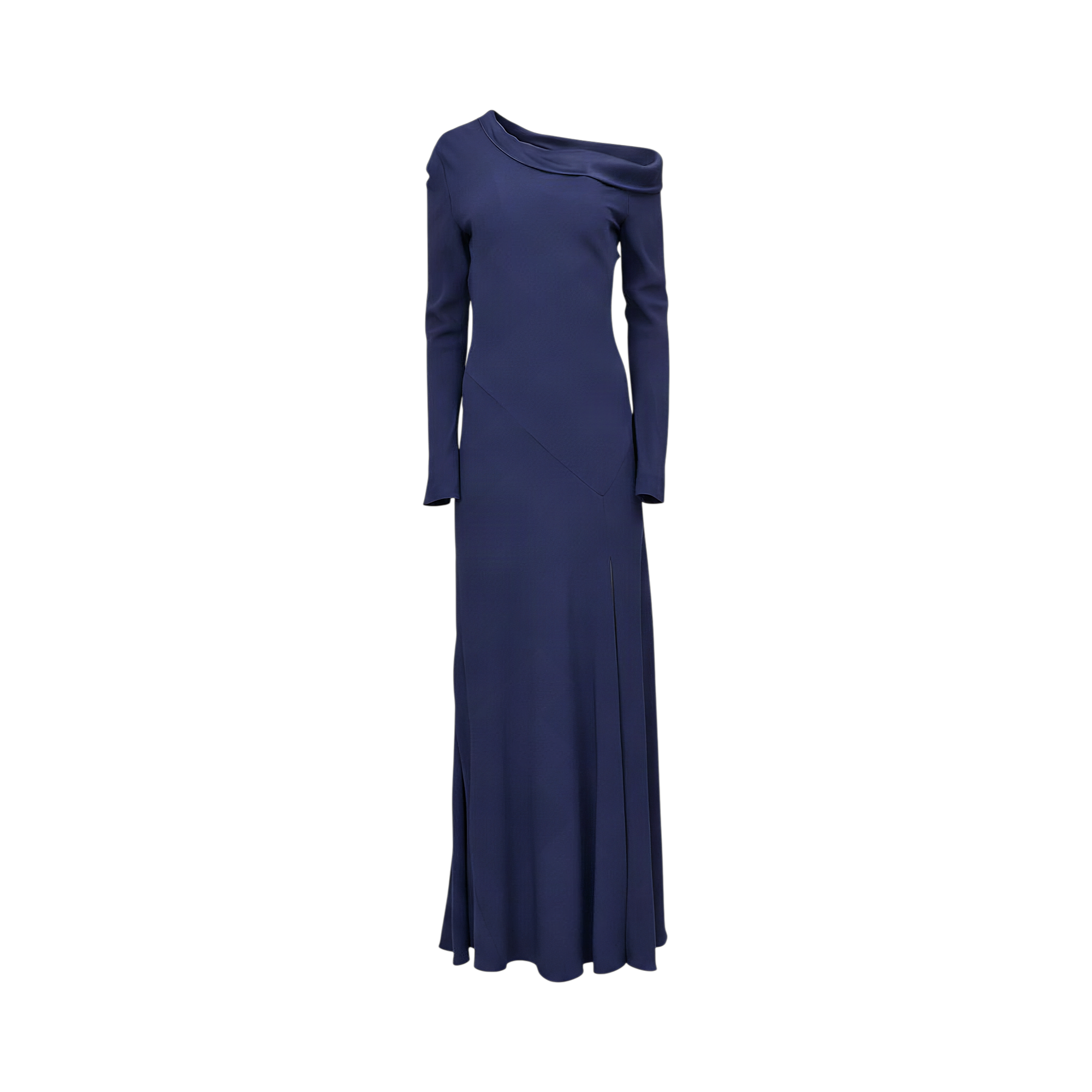 Navy blue one-shoulder long dress with a draped neckline, long sleeves, diagonal bodice seam, and high side slit.