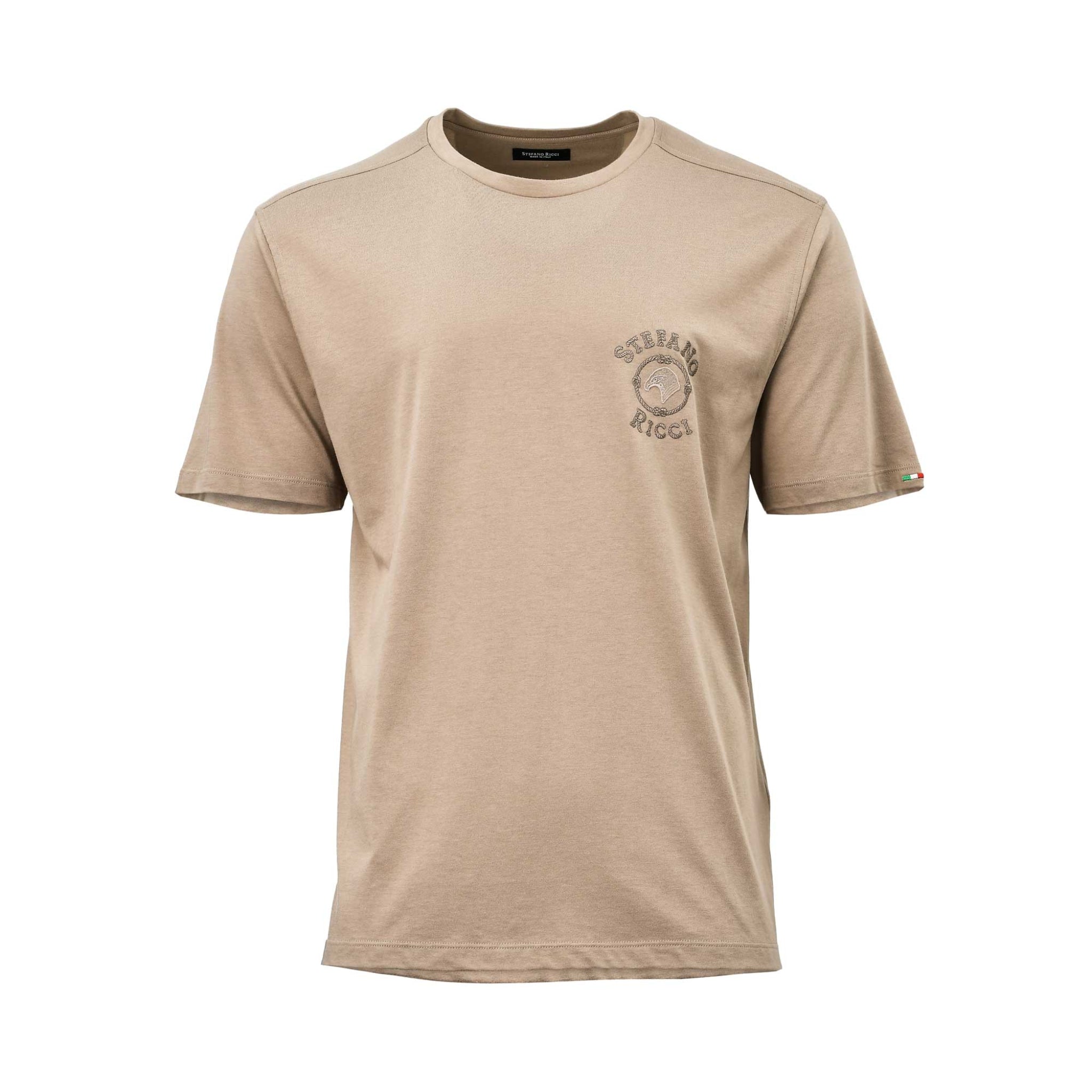 Studio front shot of the Stefano Ricci beige crewneck t-shirt, displaying the embroidered eagle crest logo on the left chest and short sleeves.