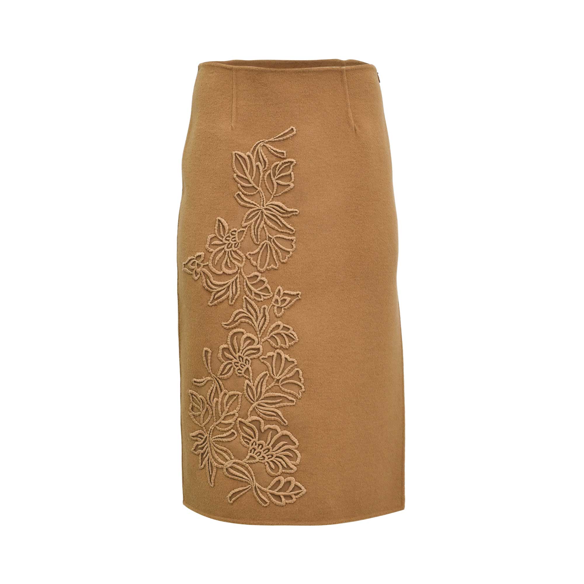Ermanno Firenze camel high-waisted mini-skirt with tonal floral embroidery and elegant wool-blend finish. Order Online Today.