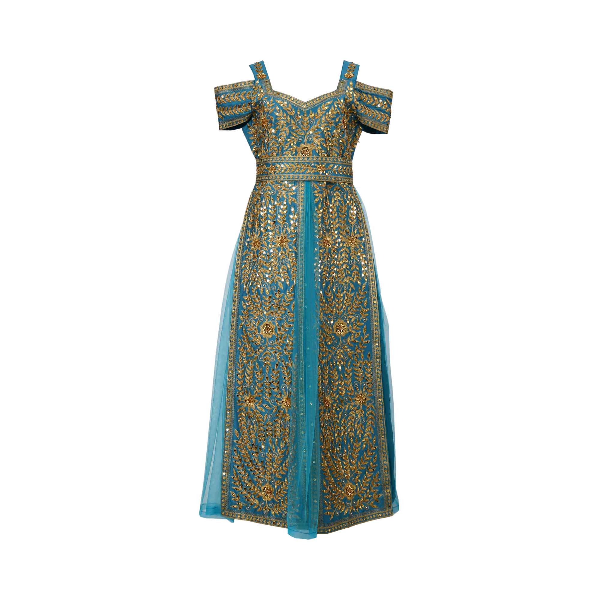Ik Line Women's Teal & Gold Heavily Embellished Cold-Shoulder Jalabiya