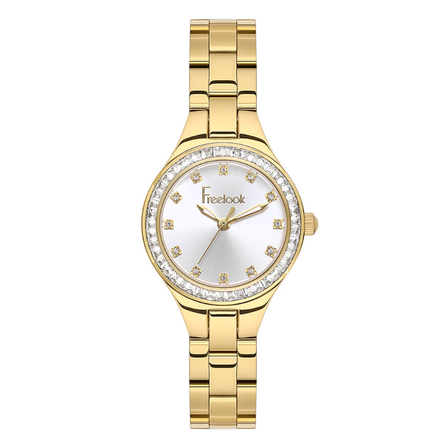 FREELOOK women's gold-tone stainless steel bracelet watch featuring a silver sunray dial, crystal-set hour markers, and sparkling crystal bezel.