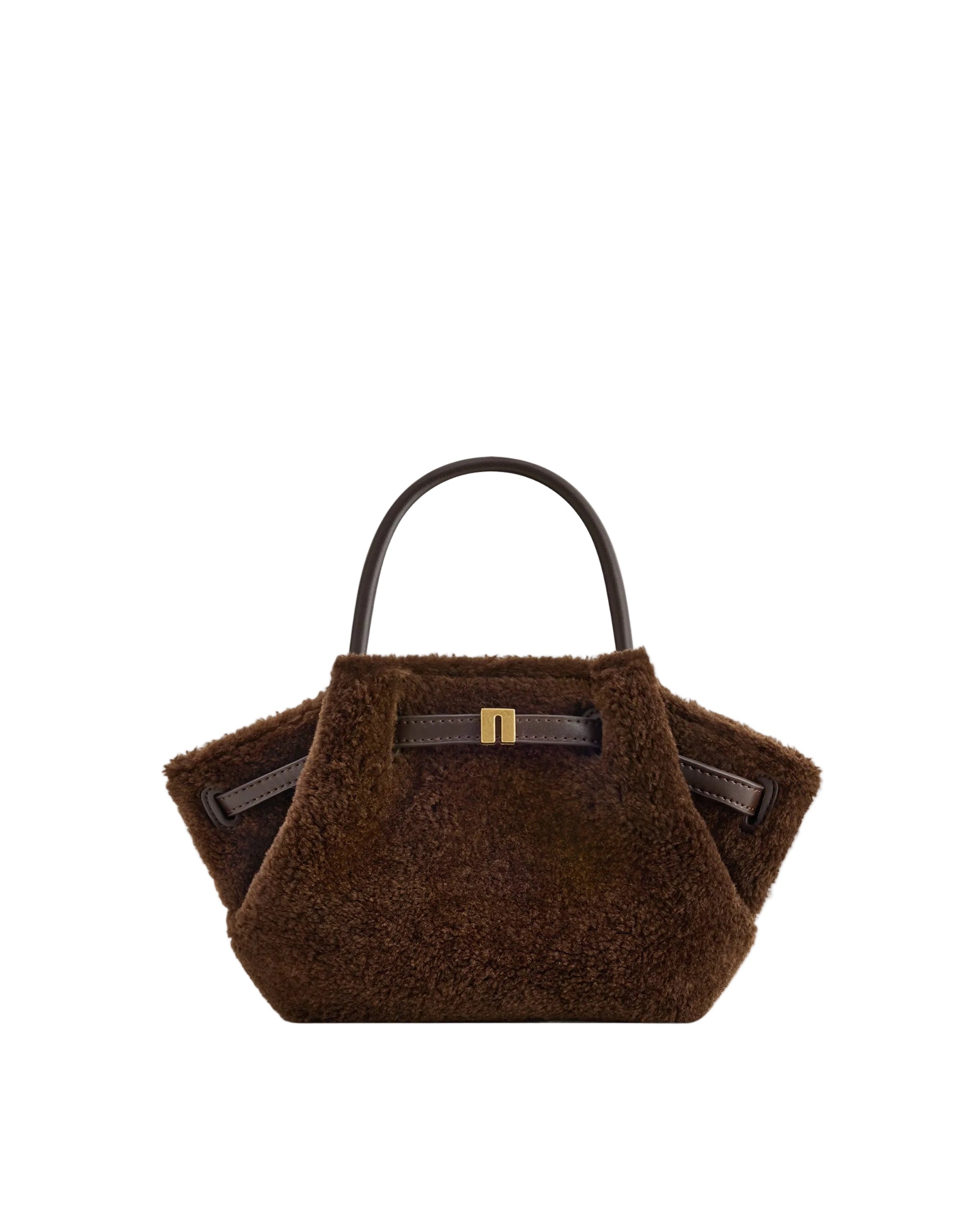 Dark brown faux fur mini tote bag with a single dark brown faux leather top handle and a gold-toned buckle closure.