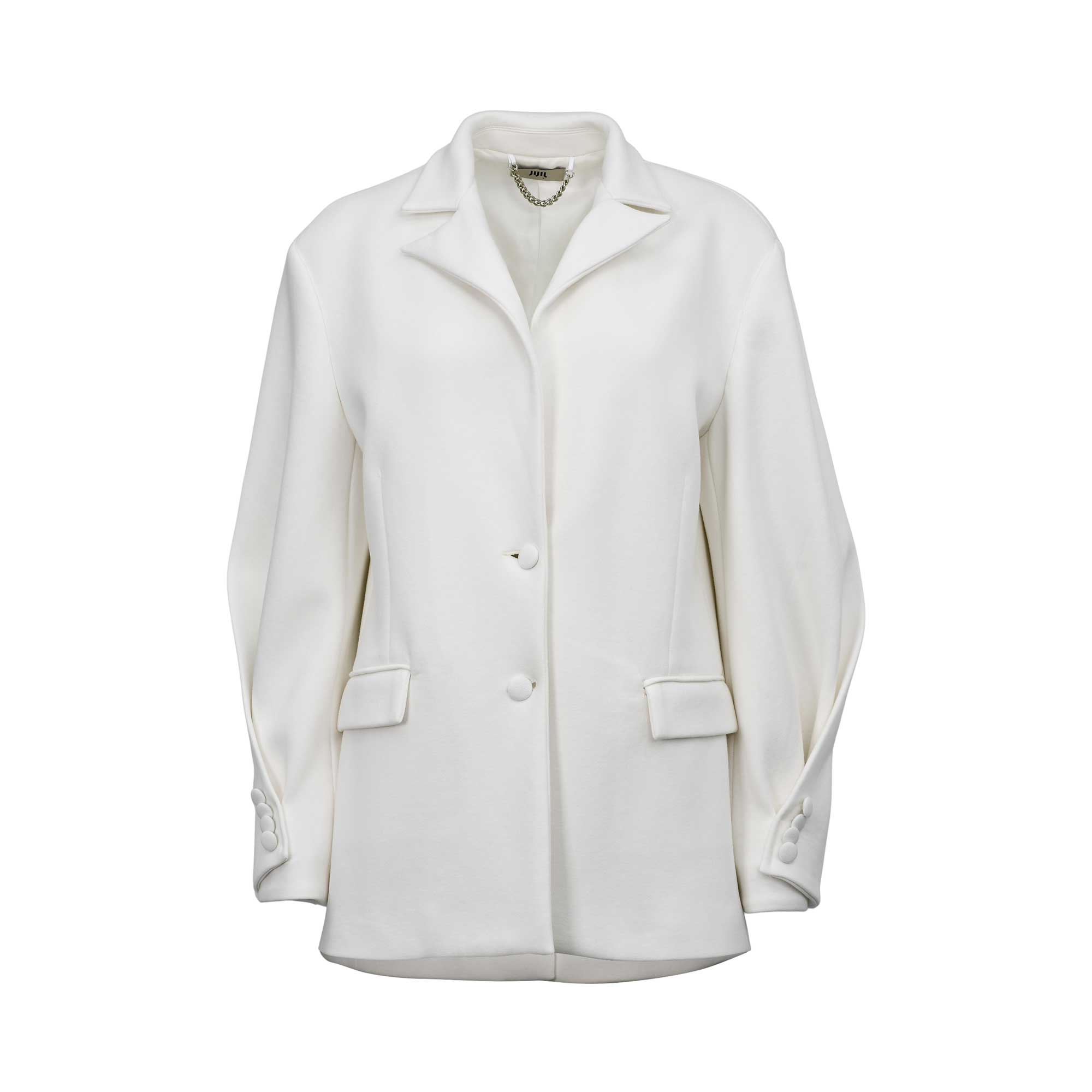 JIJIL white blazer with classic lapel collar, front button closure, flap pockets, and long sleeves, photographed on a white background.