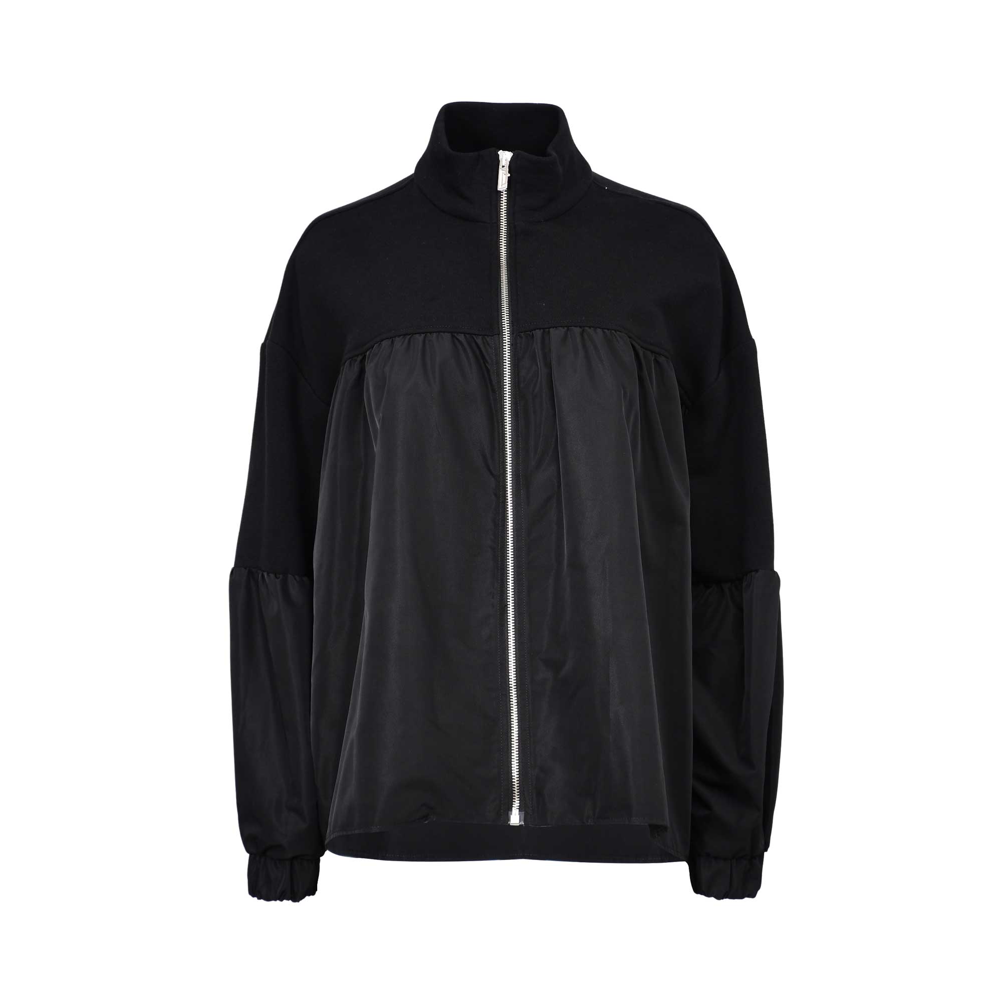 JIJIL black zip-front jacket with sheer mesh front panel, long sleeves, high neckline, and elastic cuffs, displayed on a white background.