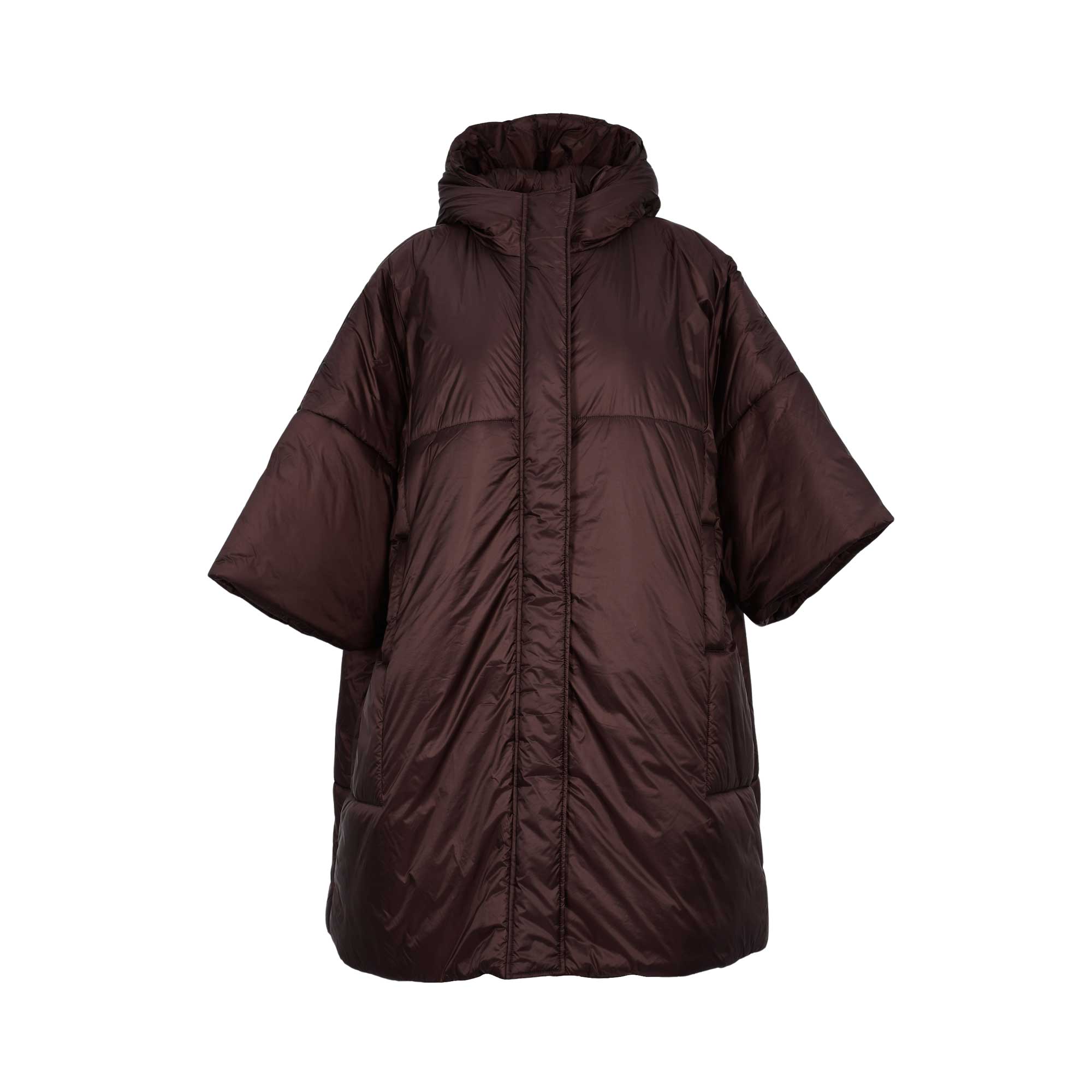 Burgundy oversized puffer jacket with short sleeves, quilted padded design, high collar, and relaxed cocoon silhouette on a white background.