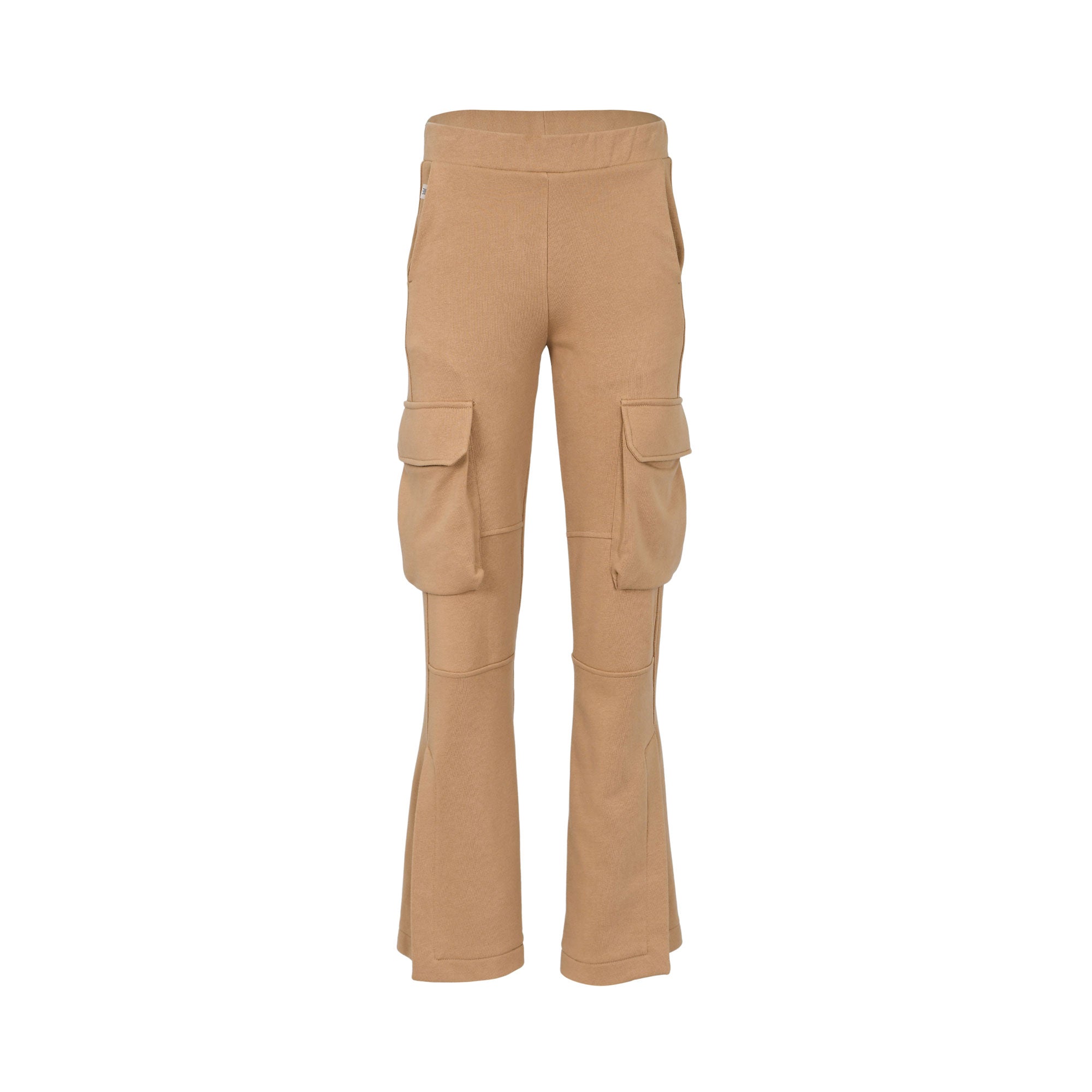 Camel cargo trousers with high waist, utility flap pockets on the legs, structured seams, and flared hems, photographed on a white background.