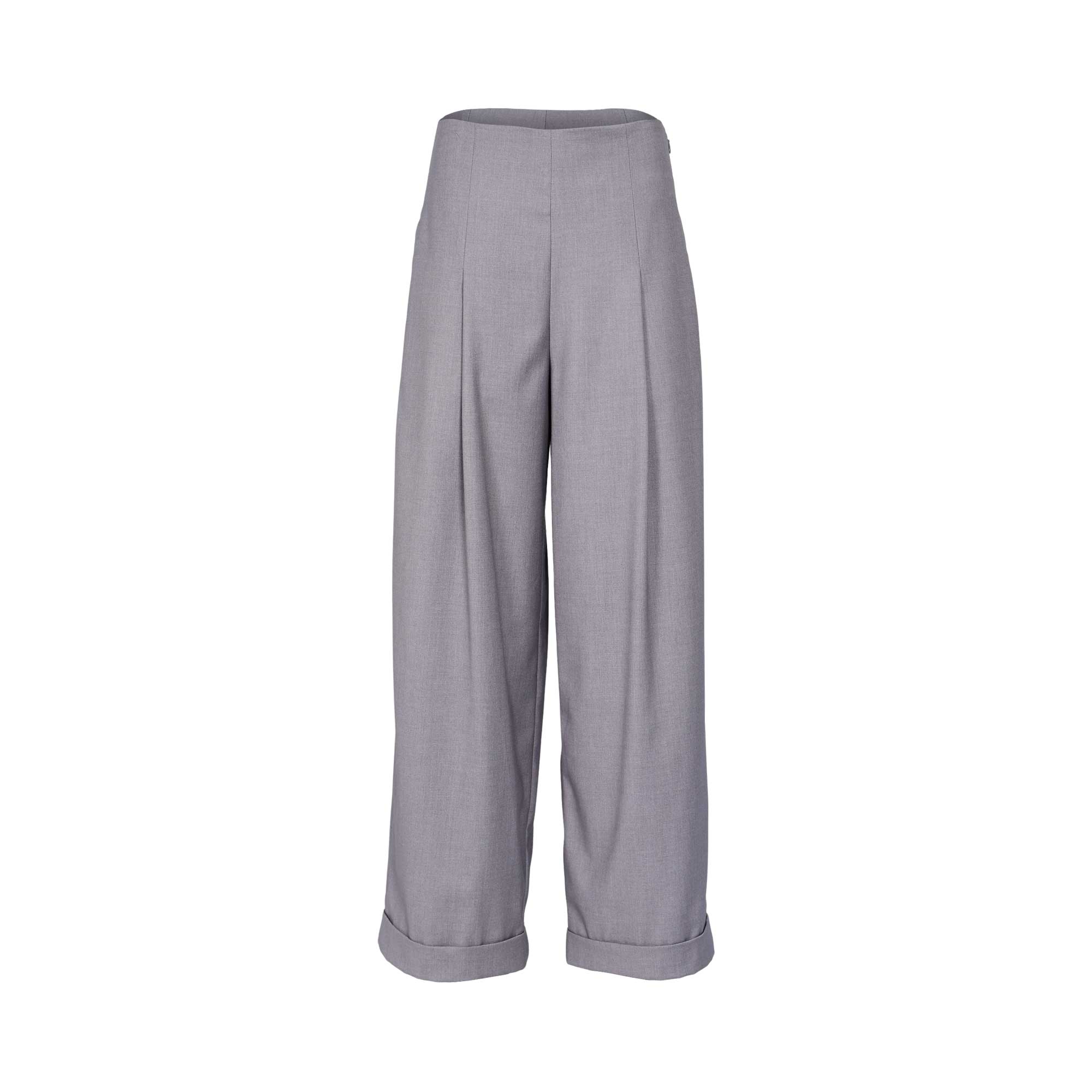 Grey wide-leg tailored trousers with high waist, front pleats, cuffed hems, and a clean minimalist finish, photographed on a white background.