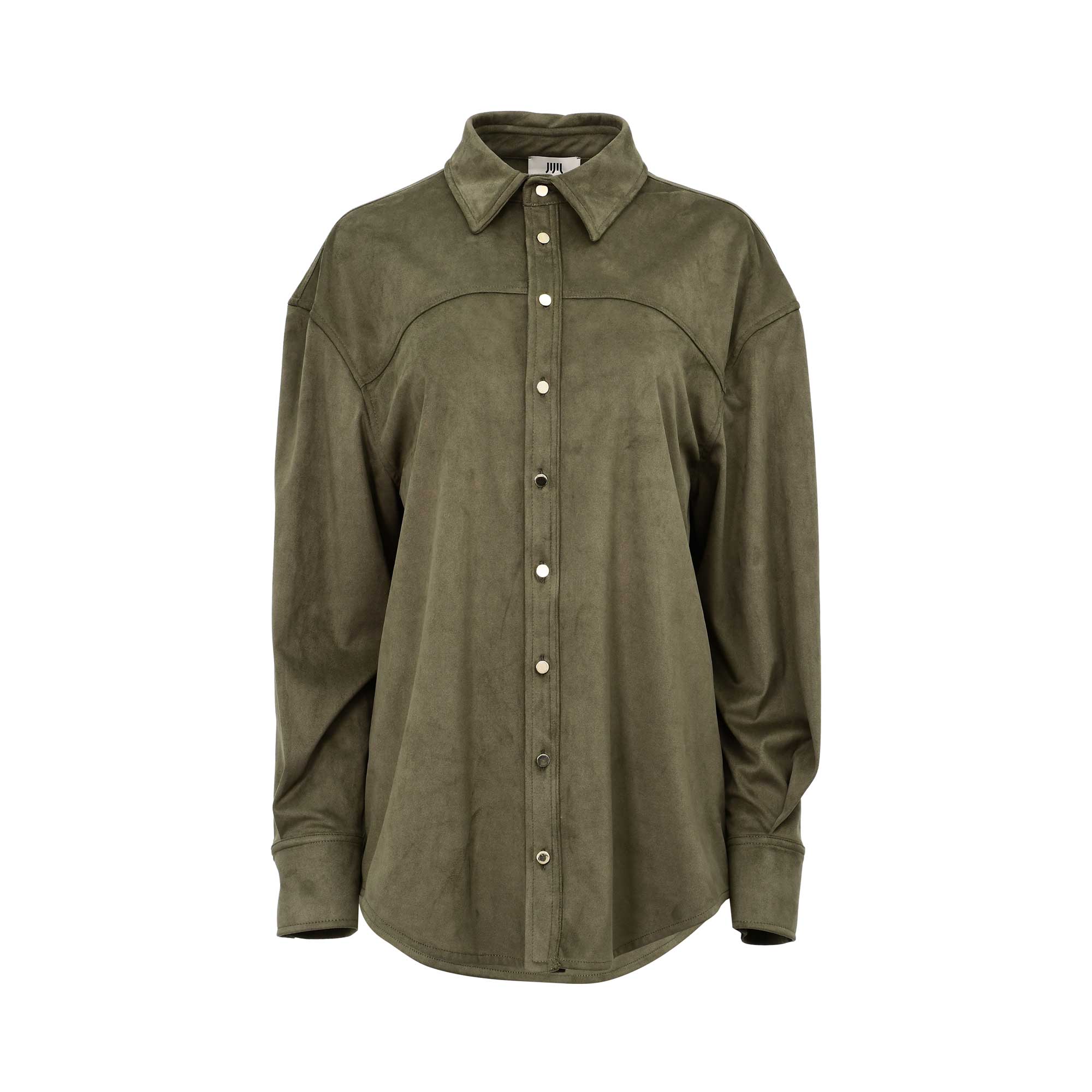 JIJIL olive green suede-look button-front top with classic collar, long sleeves, relaxed fit, and curved hem, photographed on a white background.