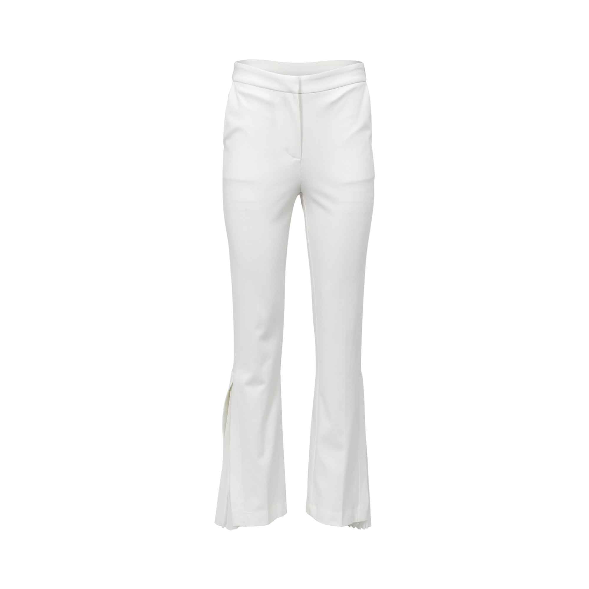 JIJIL white women’s flared trousers with a tailored fit and subtle slit detail, minimalist elegant design on a white background.