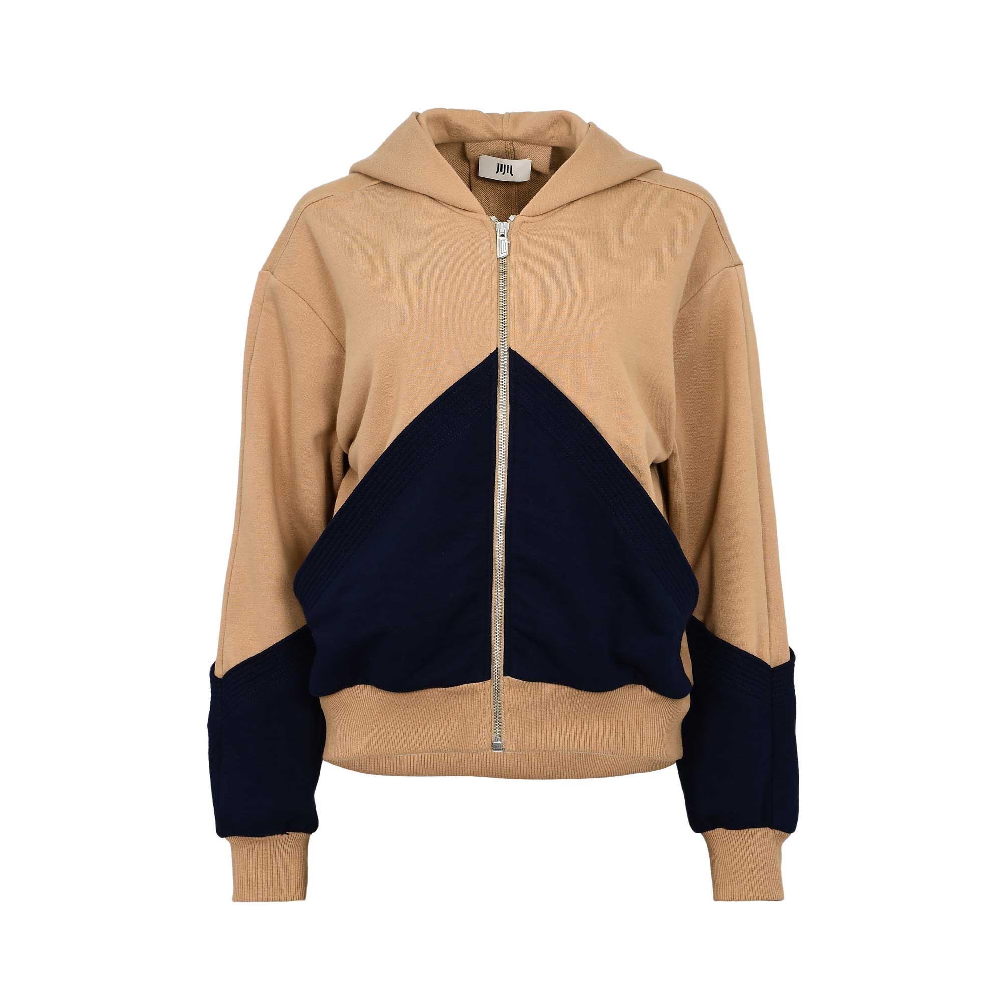 Camel and navy zip-up hoodie with hood, contrast geometric front panel, long sleeves, ribbed cuffs, and ribbed hem, photographed on a white background.