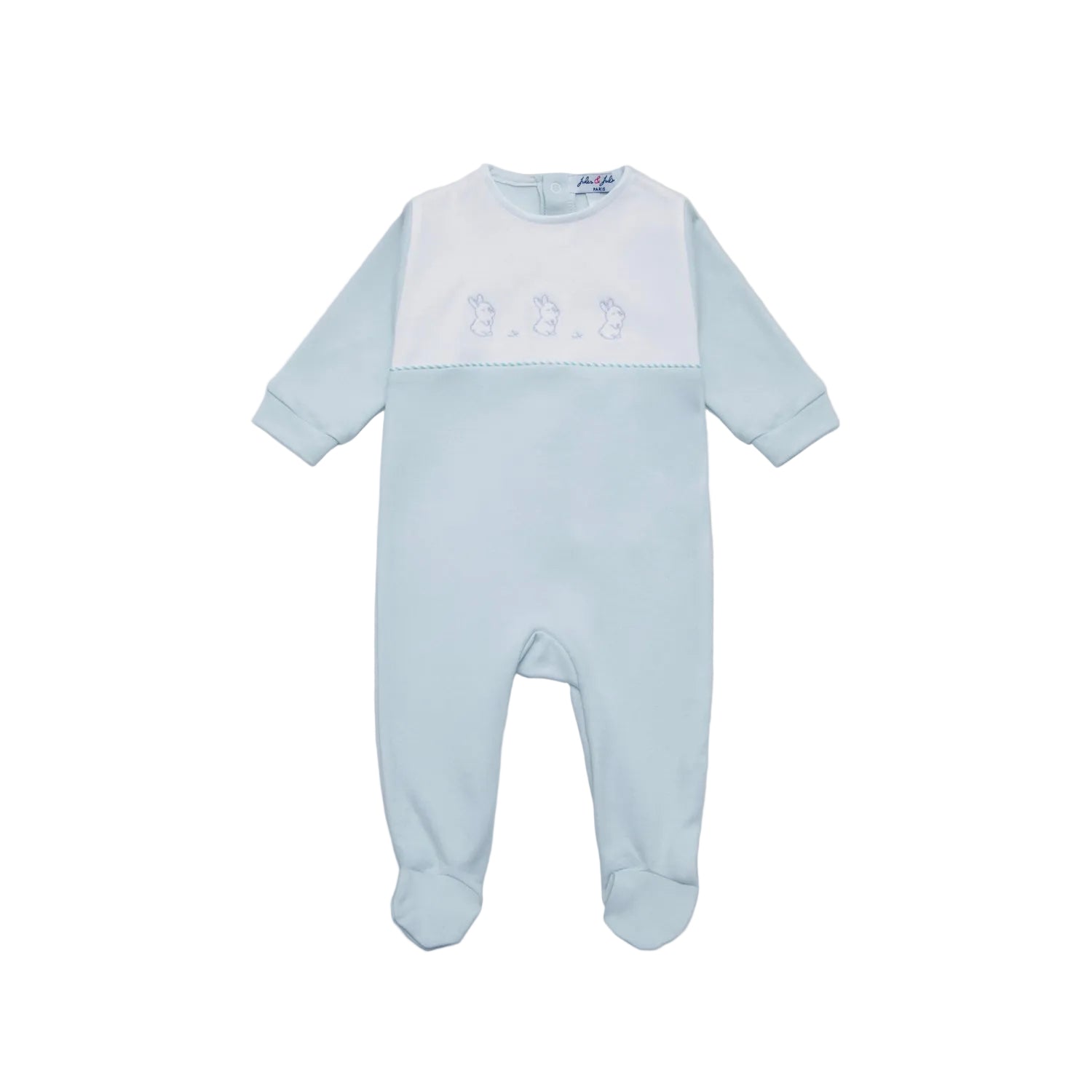 Front view of a Jules & Juliette Paris light blue babygrow featuring a white chest panel with three embroidered bunnies and a blue braided trim.