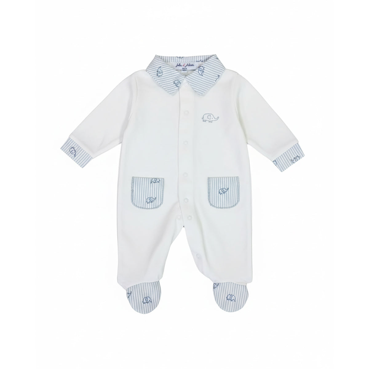 Front view of a Jules & Juliette Paris baby footed romper. The front shows a white long-sleeve onesie with a blue striped collar, two striped front pockets, and embroidered elephant details. The back view features a clean white design with the striped collar visible.