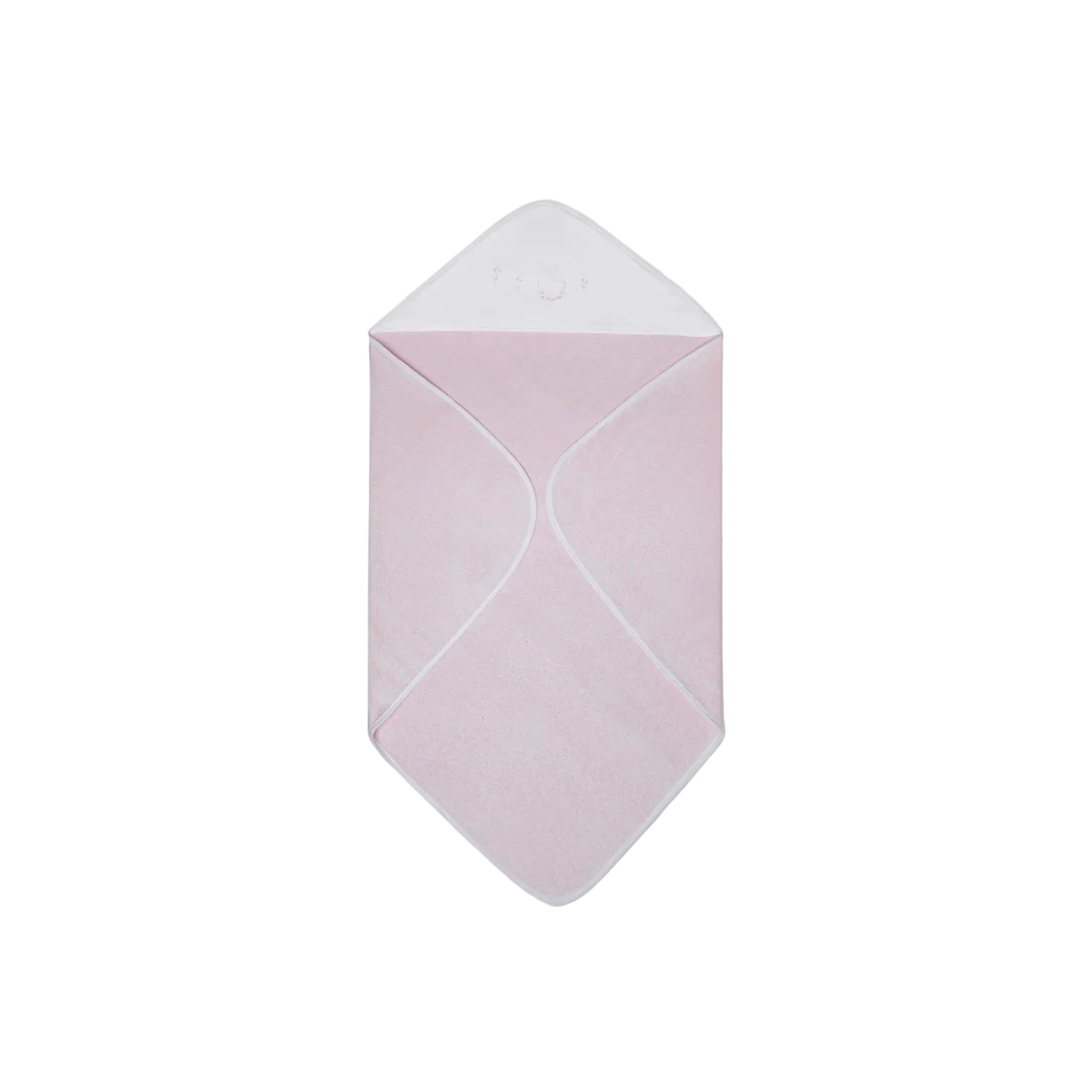 A pink hooded baby towel by Jules & Juliette Paris, folded to show the white hood featuring a small embroidered heart and floral design.