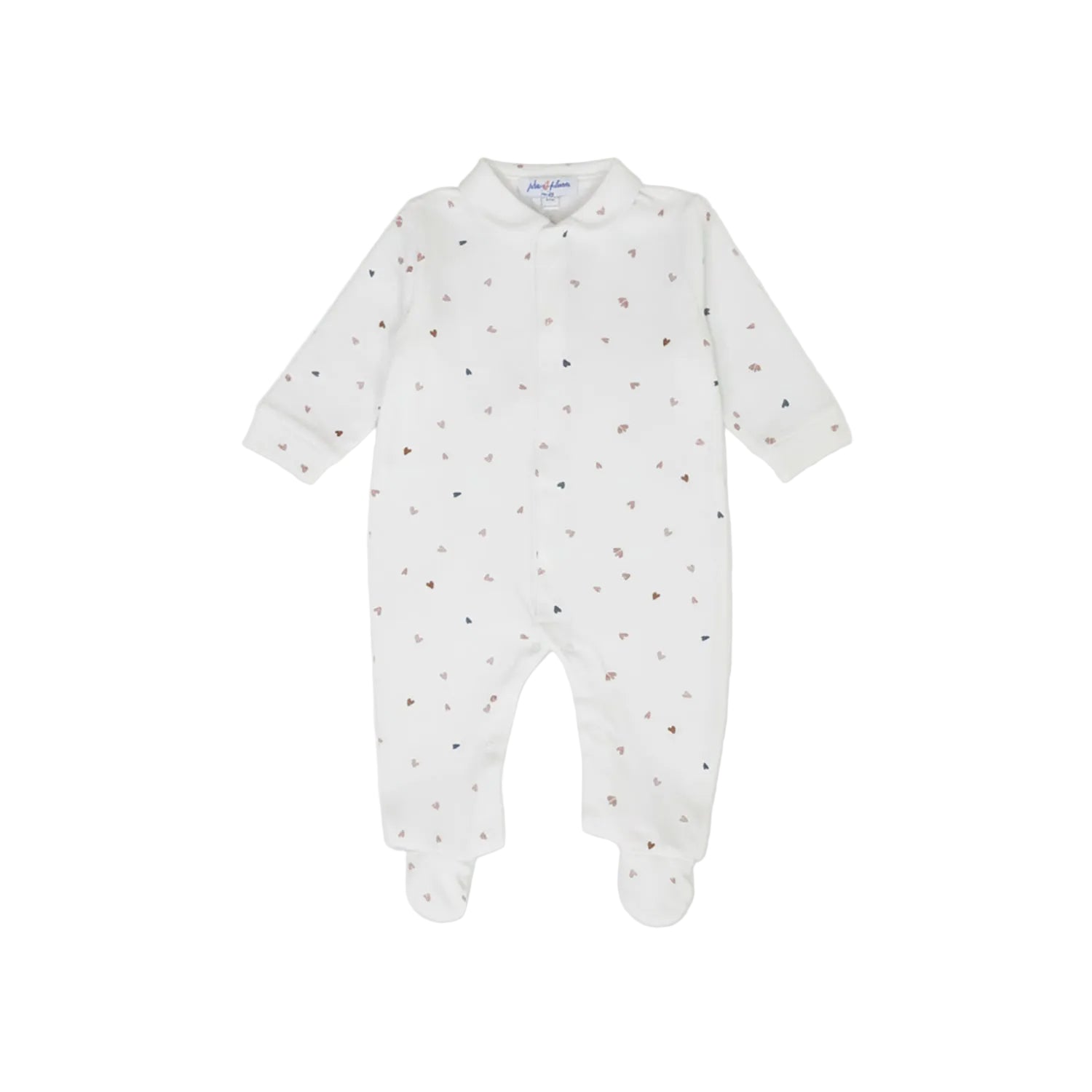 Front view of a Jules & Juliette Paris white babygrow for infants, featuring a pointed collar and delicate textured pointelle trim along the front button placket.