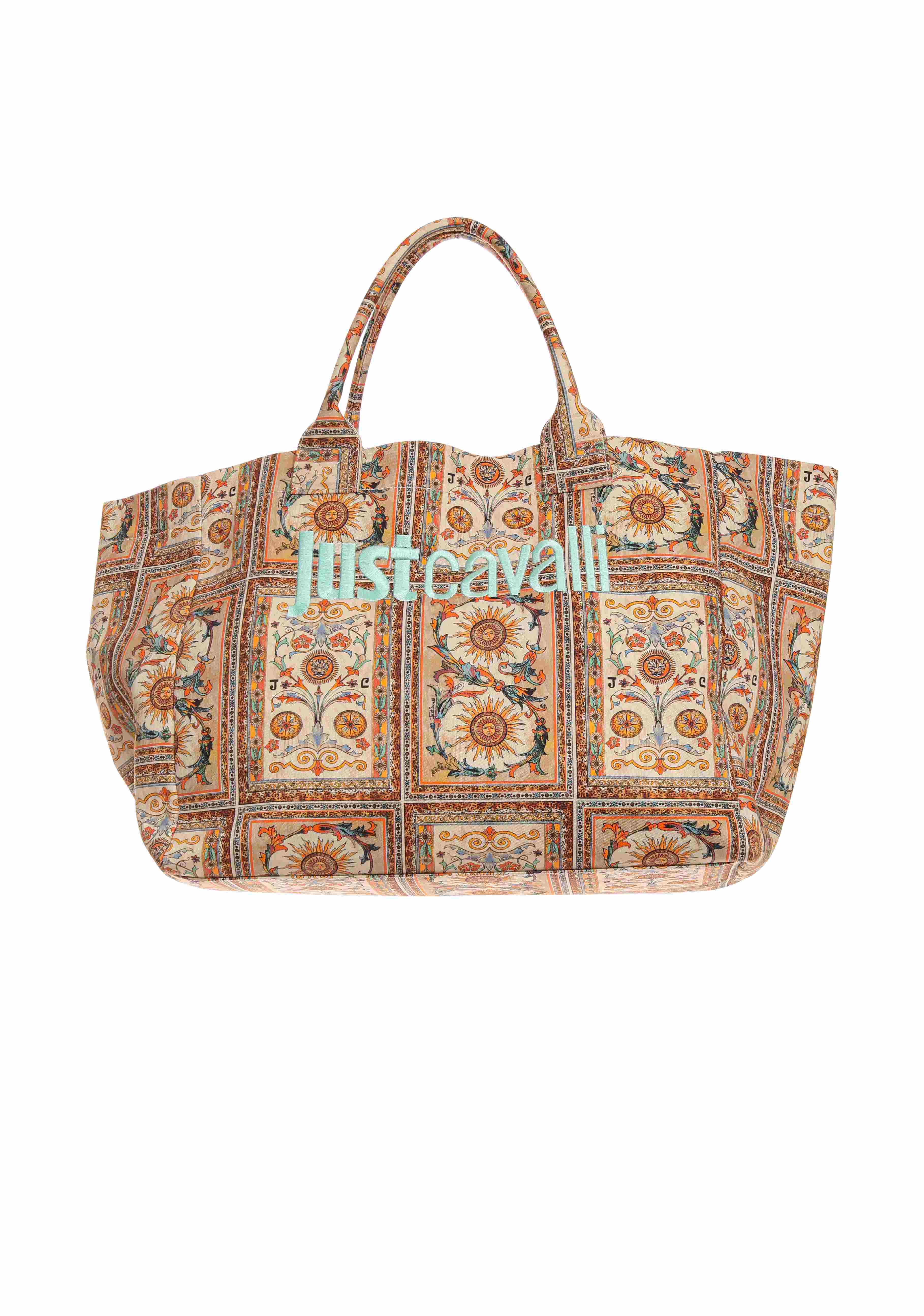 Front view of Just Cavalli women's multicolor baroque tile print canvas beach tote bag with dual top handles