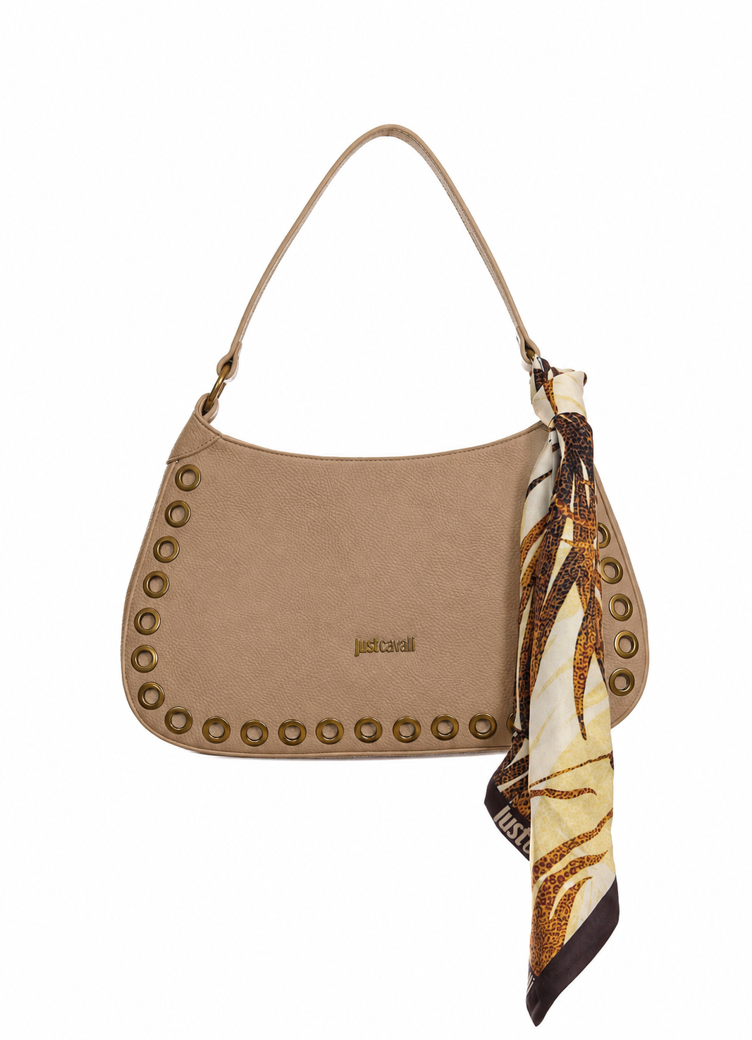 Front view of Just Cavalli women's beige pebbled leather shoulder bag featuring antique gold eyelets and a printed scarf tied to the handle