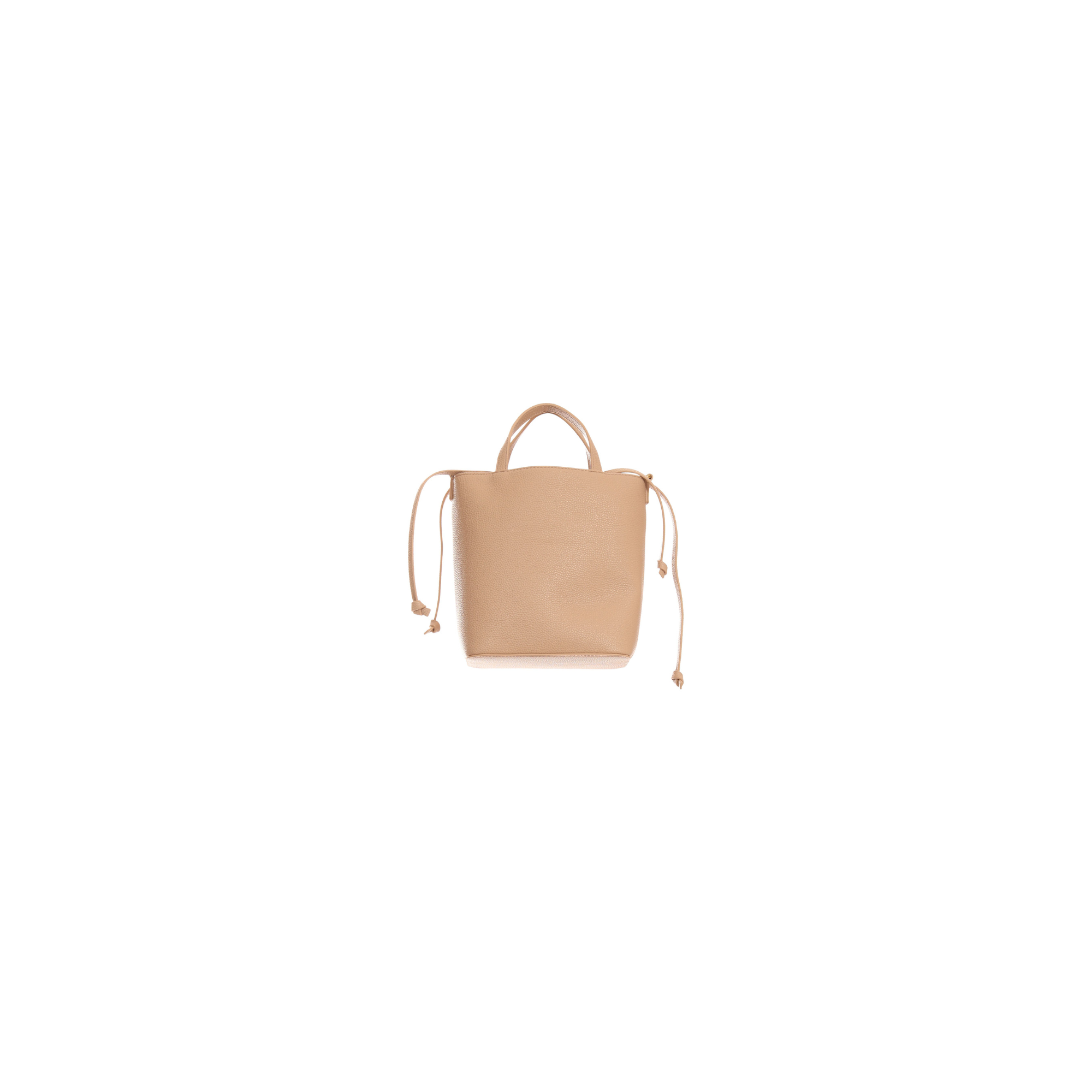Front view of Just Cavalli women's beige mini pebbled leather bucket bag with dual top handles and adjustable side drawstrings