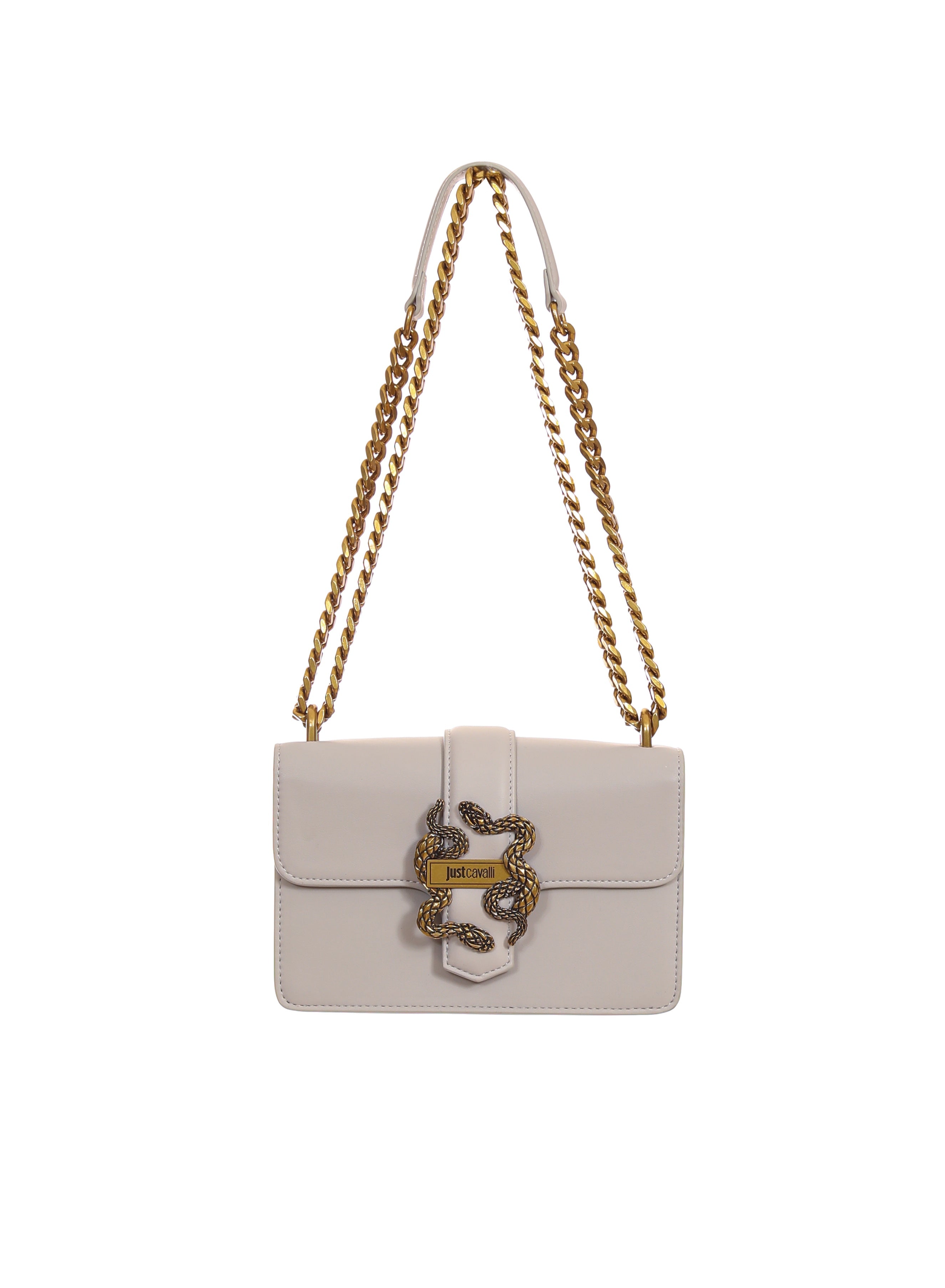 Front view of Just Cavalli women's black leather chain shoulder bag featuring signature gold-tone snake buckle and chain strap