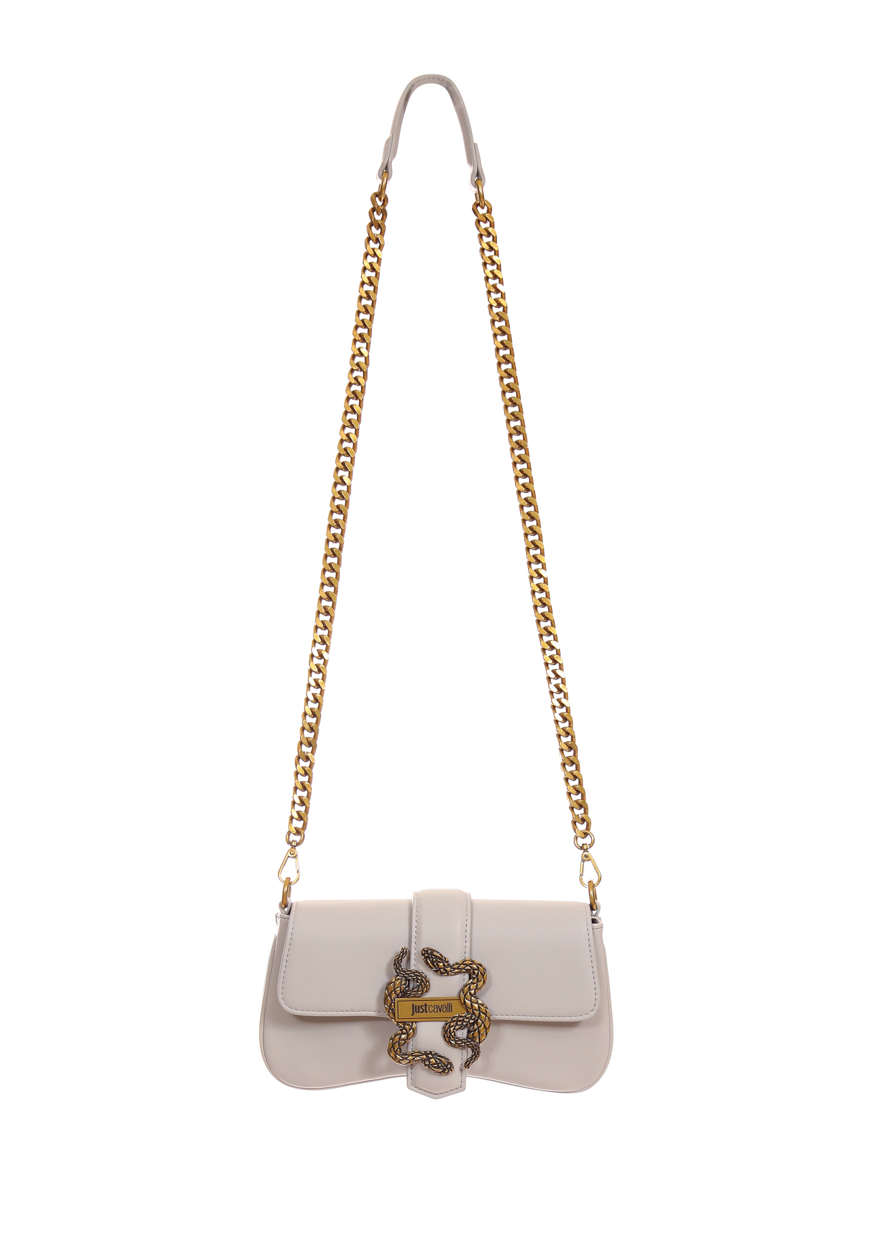Front view of Just Cavalli women's black leather mini chain shoulder bag with signature gold-tone snake buckle and long chain strap