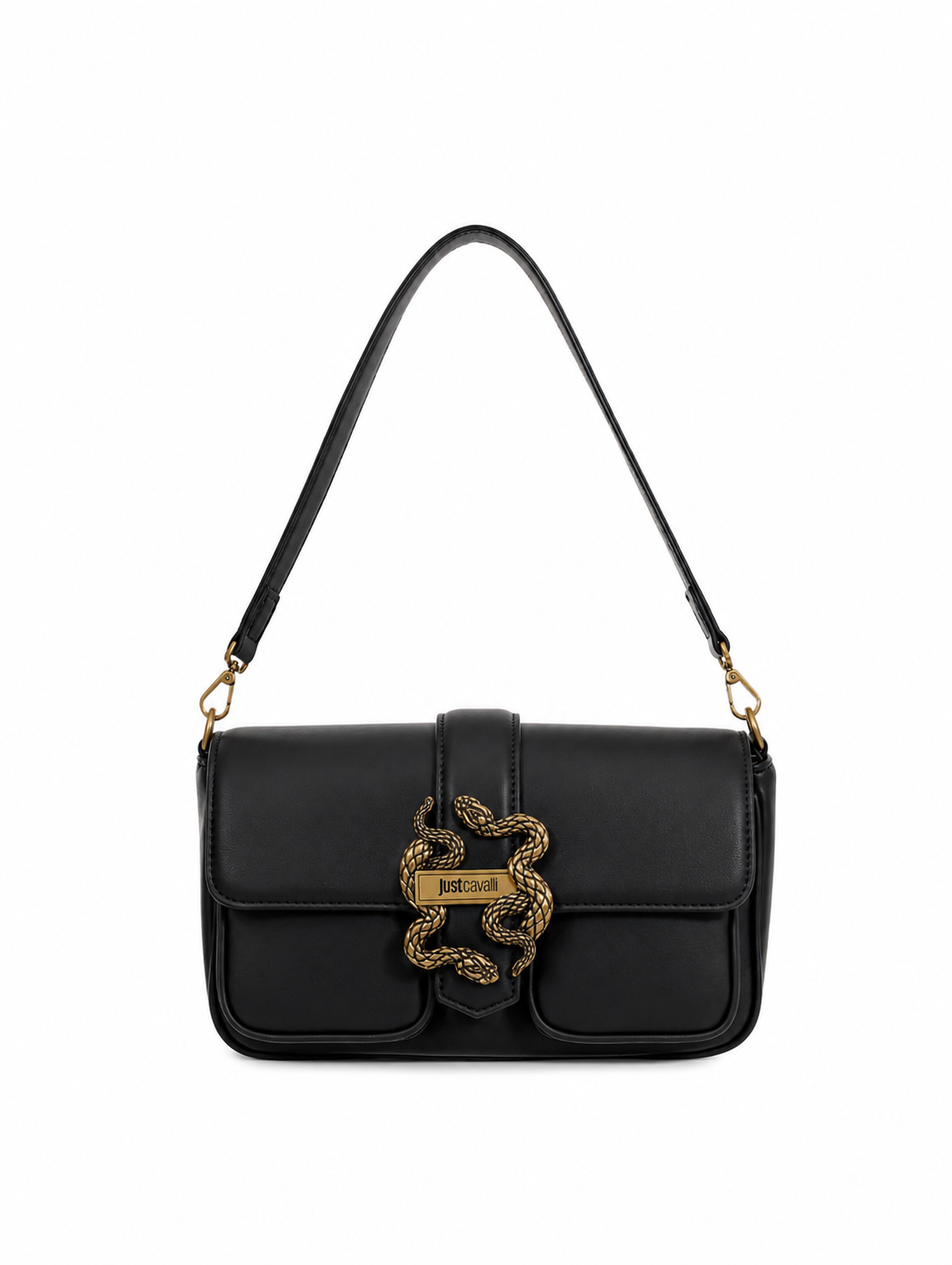 Front view of Just Cavalli women's black leather shoulder bag featuring signature gold-tone snake buckle and adjustable shoulder strap