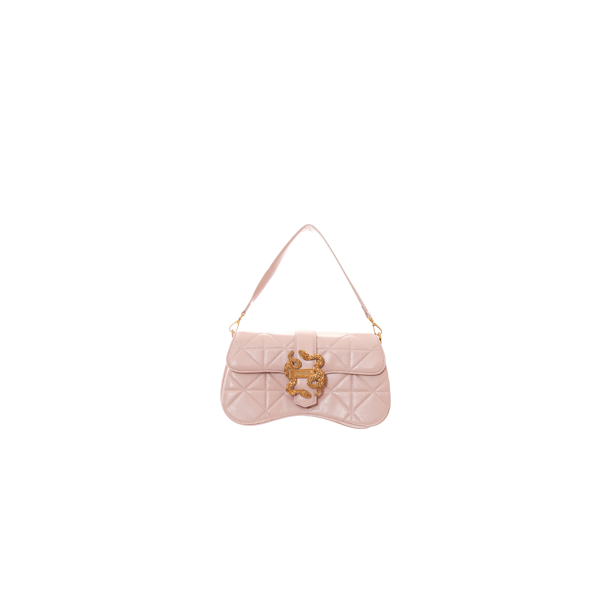 Just Cavalli women's black quilted shoulder bag featuring signature gold-tone snake clasp and elegant shoulder strap – Available at Blue Salon Qatar