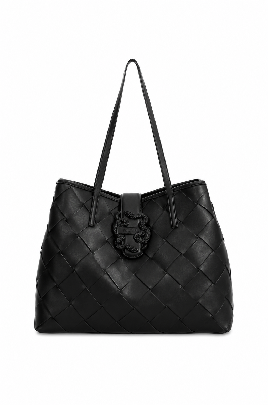 Front view of Just Cavalli women's black woven leather tote bag with dual shoulder handles