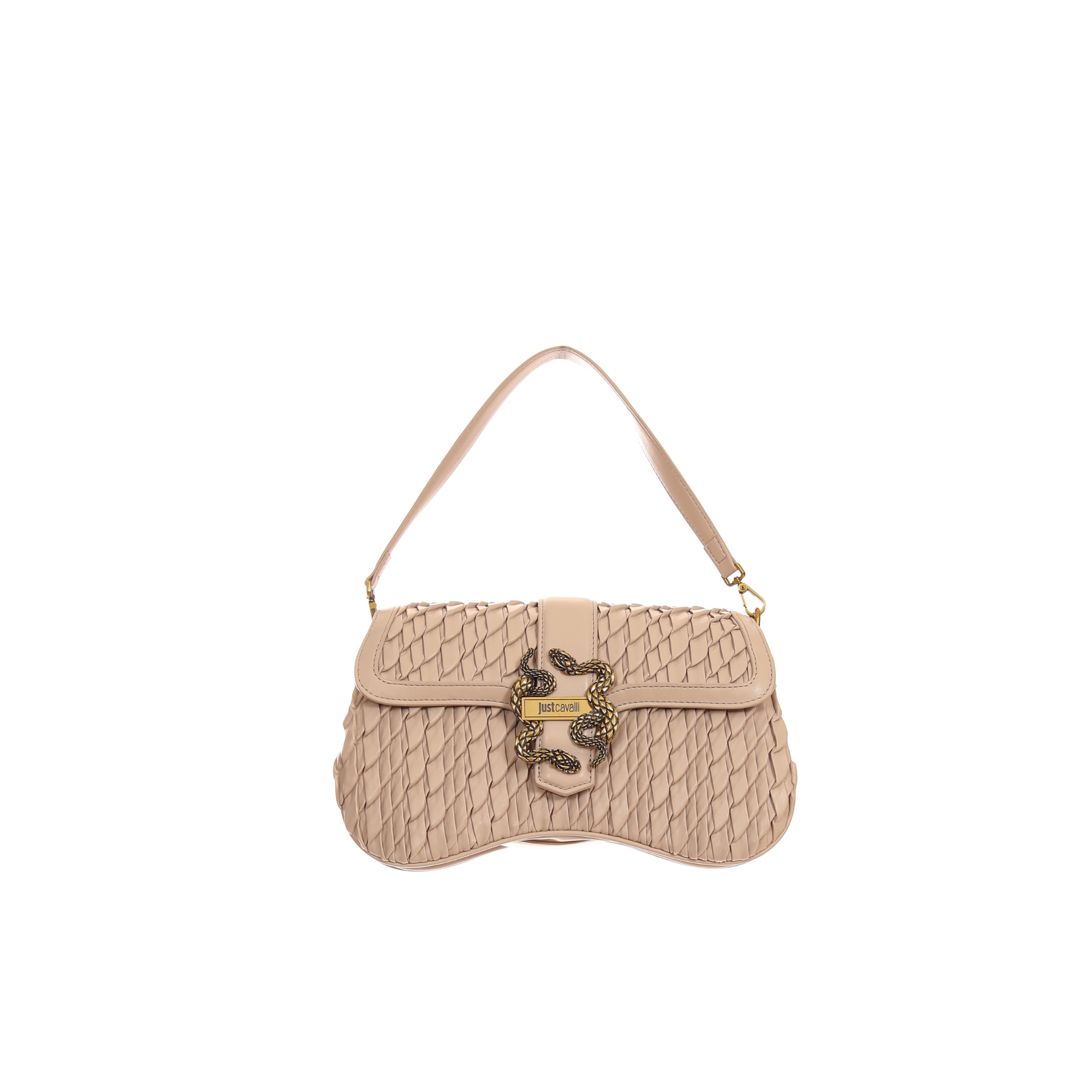 Just Cavalli women's black woven shoulder bag featuring signature gold-tone snake clasp and shoulder strap – Available at Blue Salon Qatar