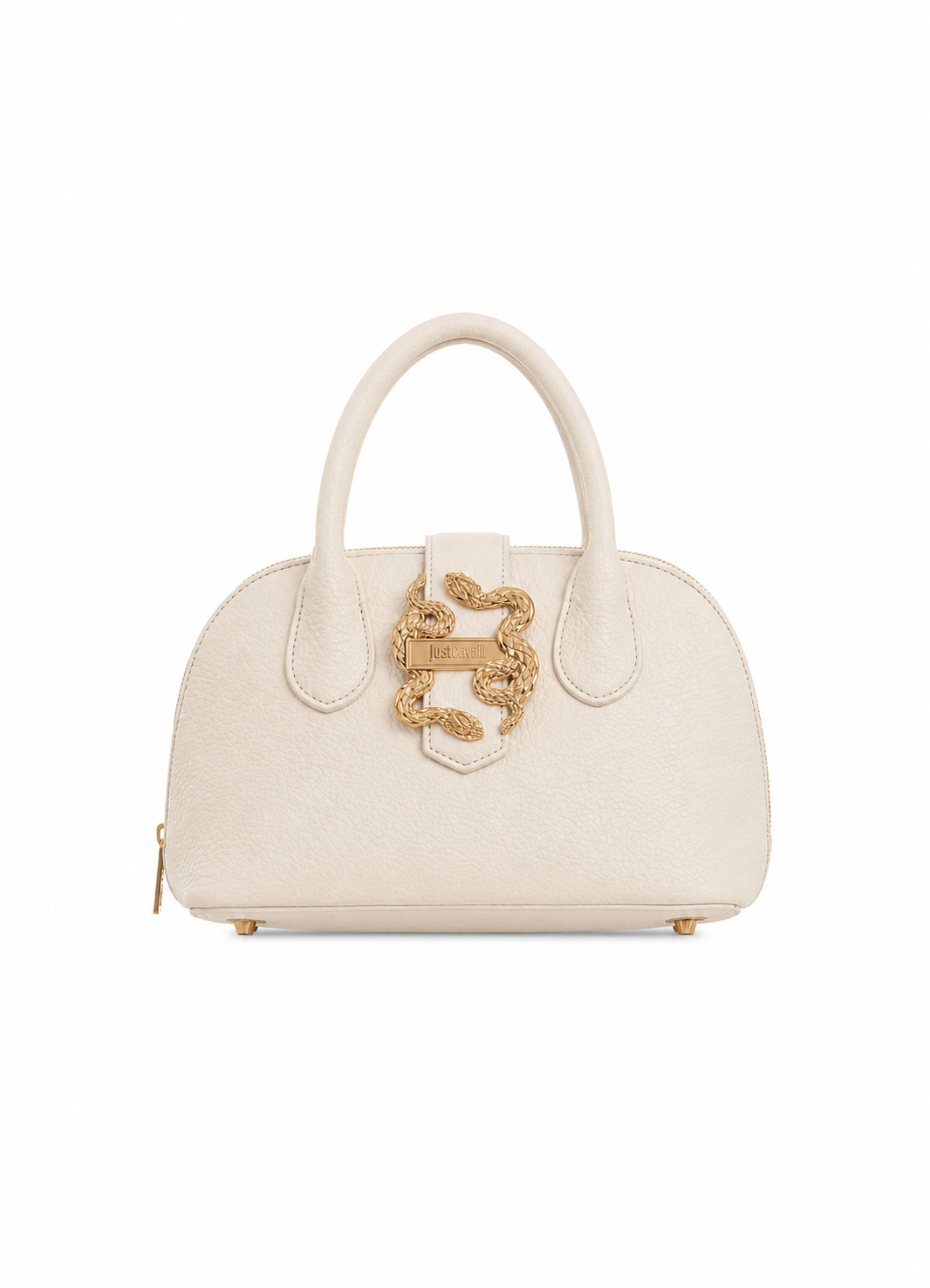 Front view of Just Cavalli women's black pebbled leather mini top handle bag with signature gold-tone snake buckle