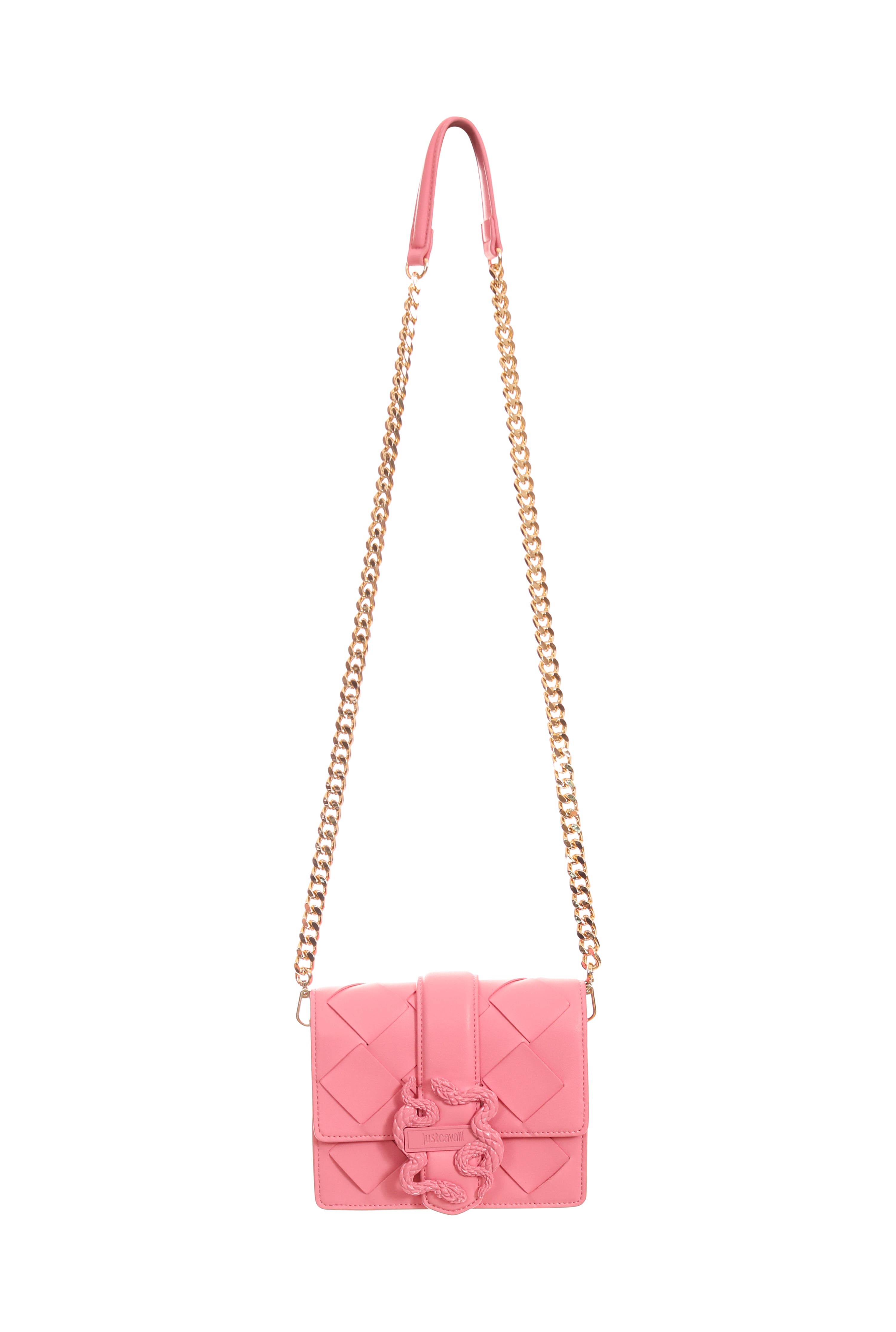 Front view of Just Cavalli women's black mini woven leather crossbody bag with gold-tone chain strap and signature twin snake hardware
