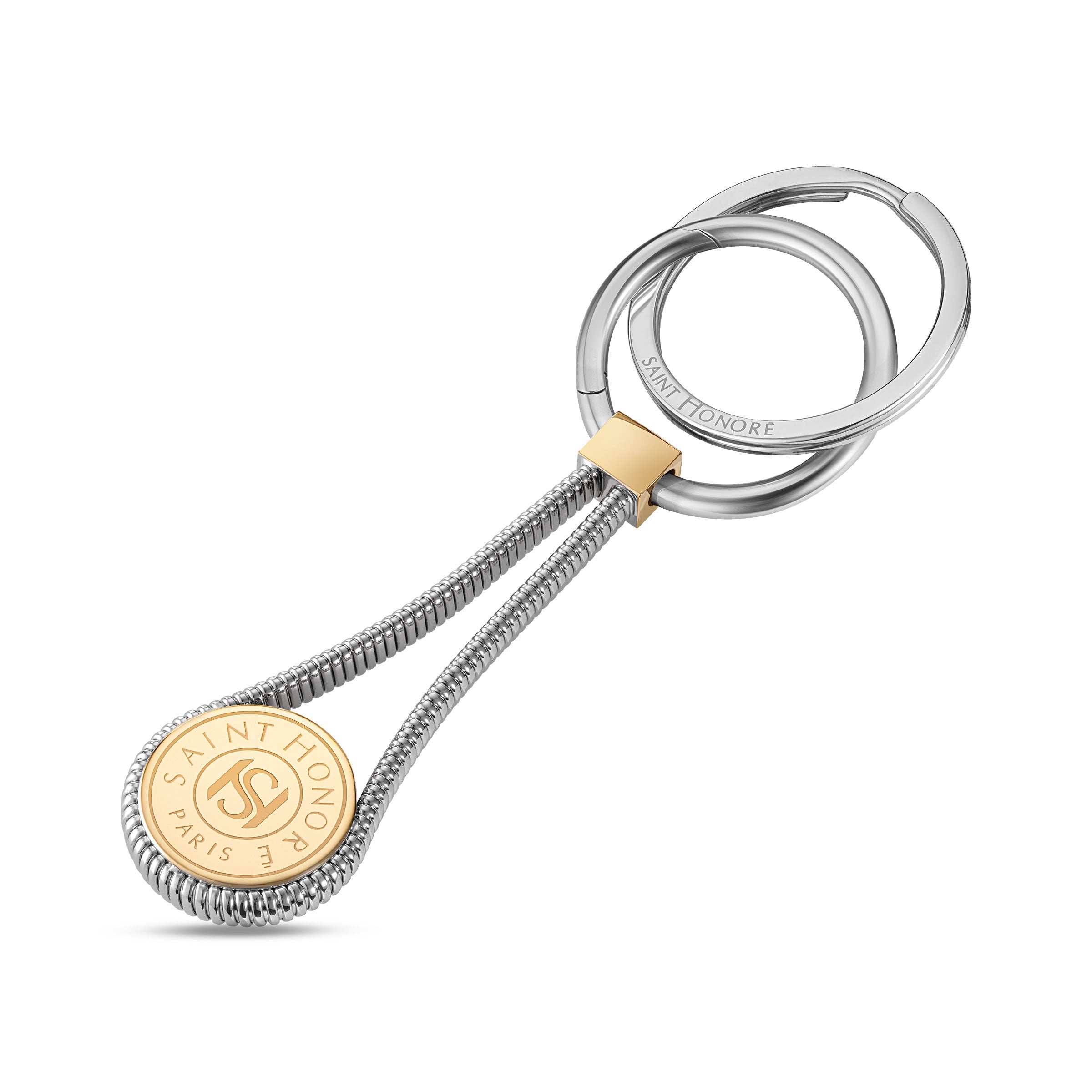 Silver-toned stainless steel keyring with a coiled body, gold-toned connector, and a gold-toned coin featuring the Saint Hono