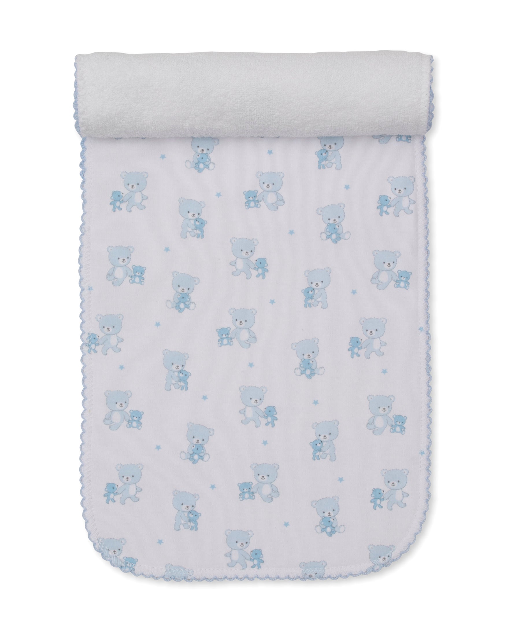 Light blue and white burp cloth with a repeated pattern of teddy bears and stars, featuring a scalloped edge and terry fabric