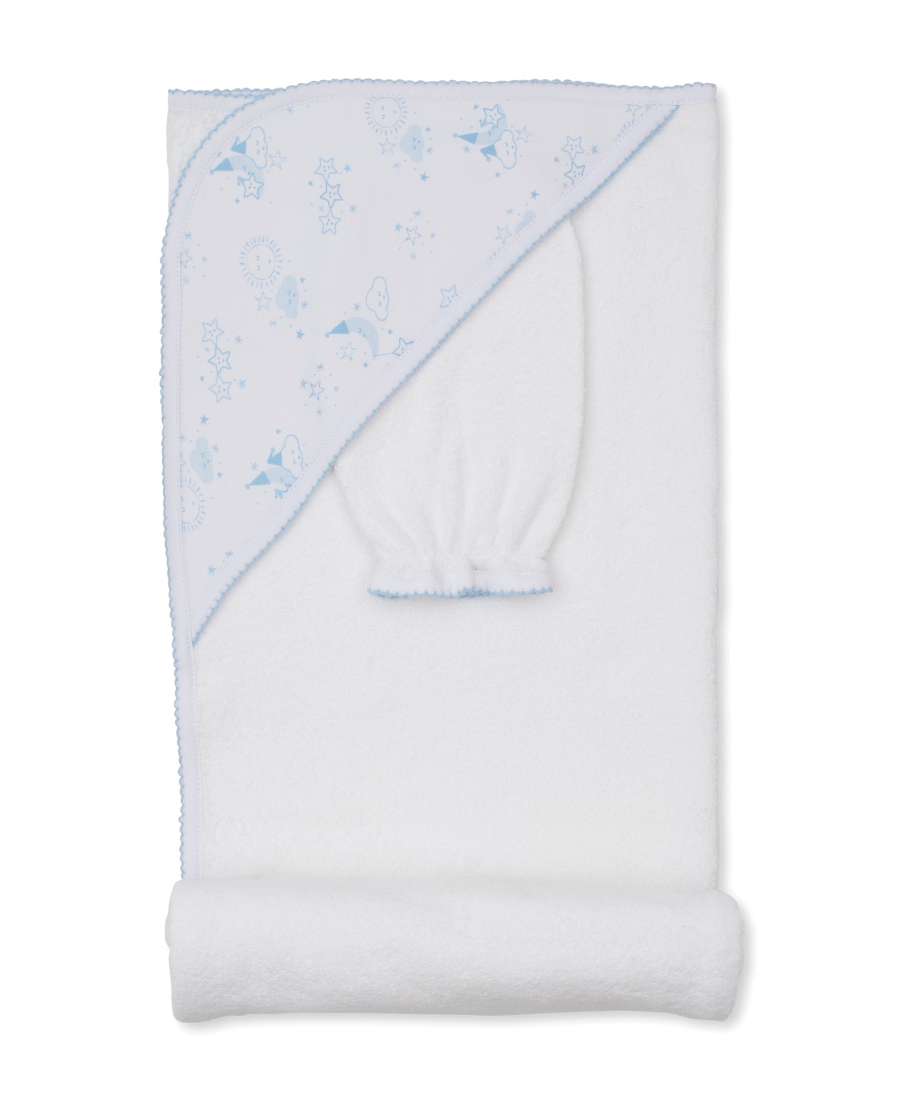 White hooded towel and wash mitt set with light blue celestial pattern featuring suns, moons, stars, and clouds, with scallop