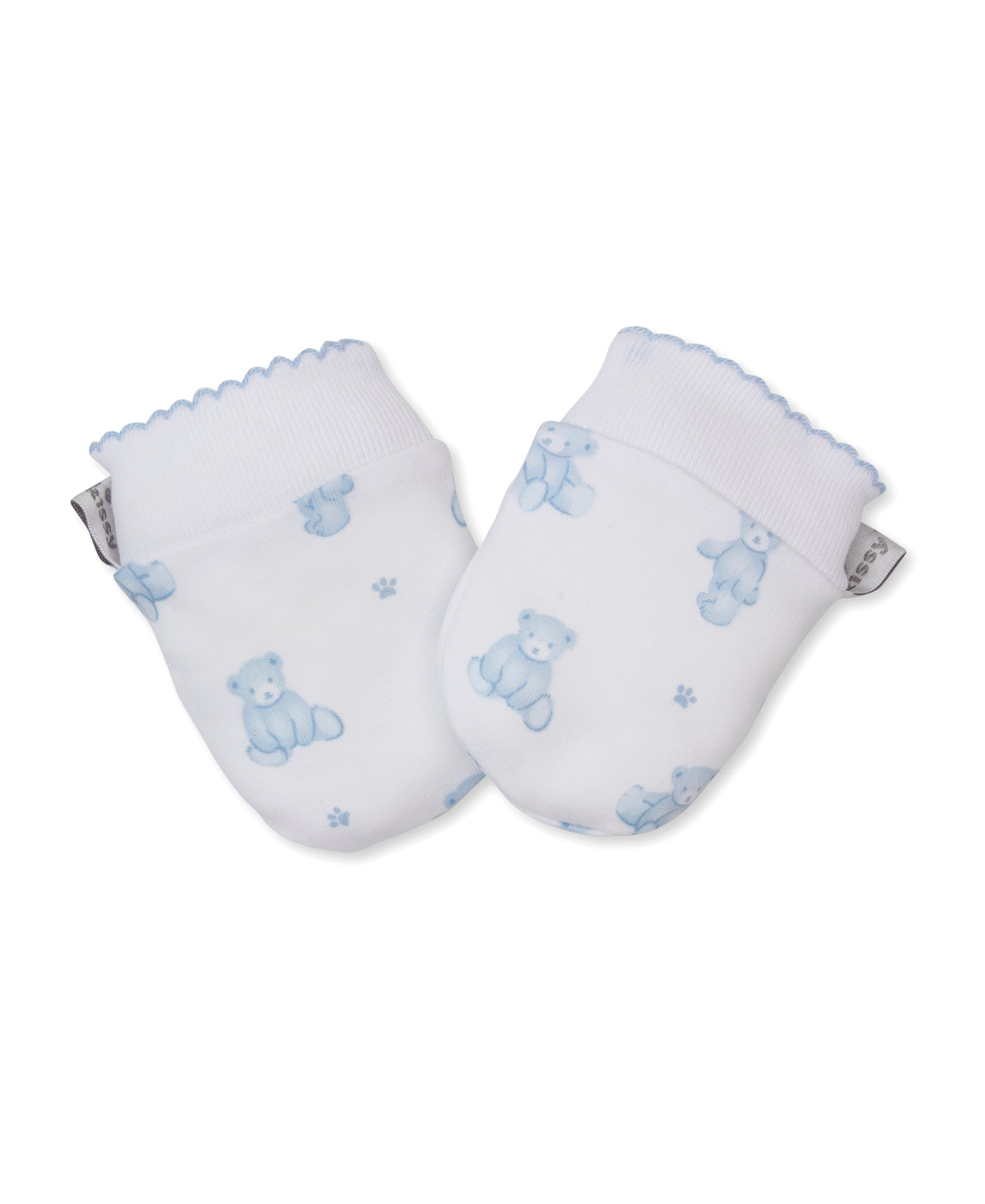 Pair of light blue and white baby mittens with an allover teddy bear and paw print pattern, featuring ribbed cuffs with a sca