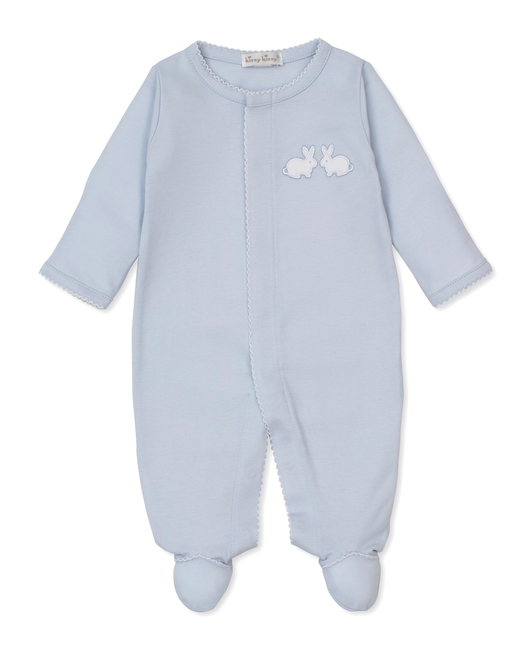 Light blue baby sleepsuit with integrated feet, long sleeves, and two white embroidered rabbits on the chest.