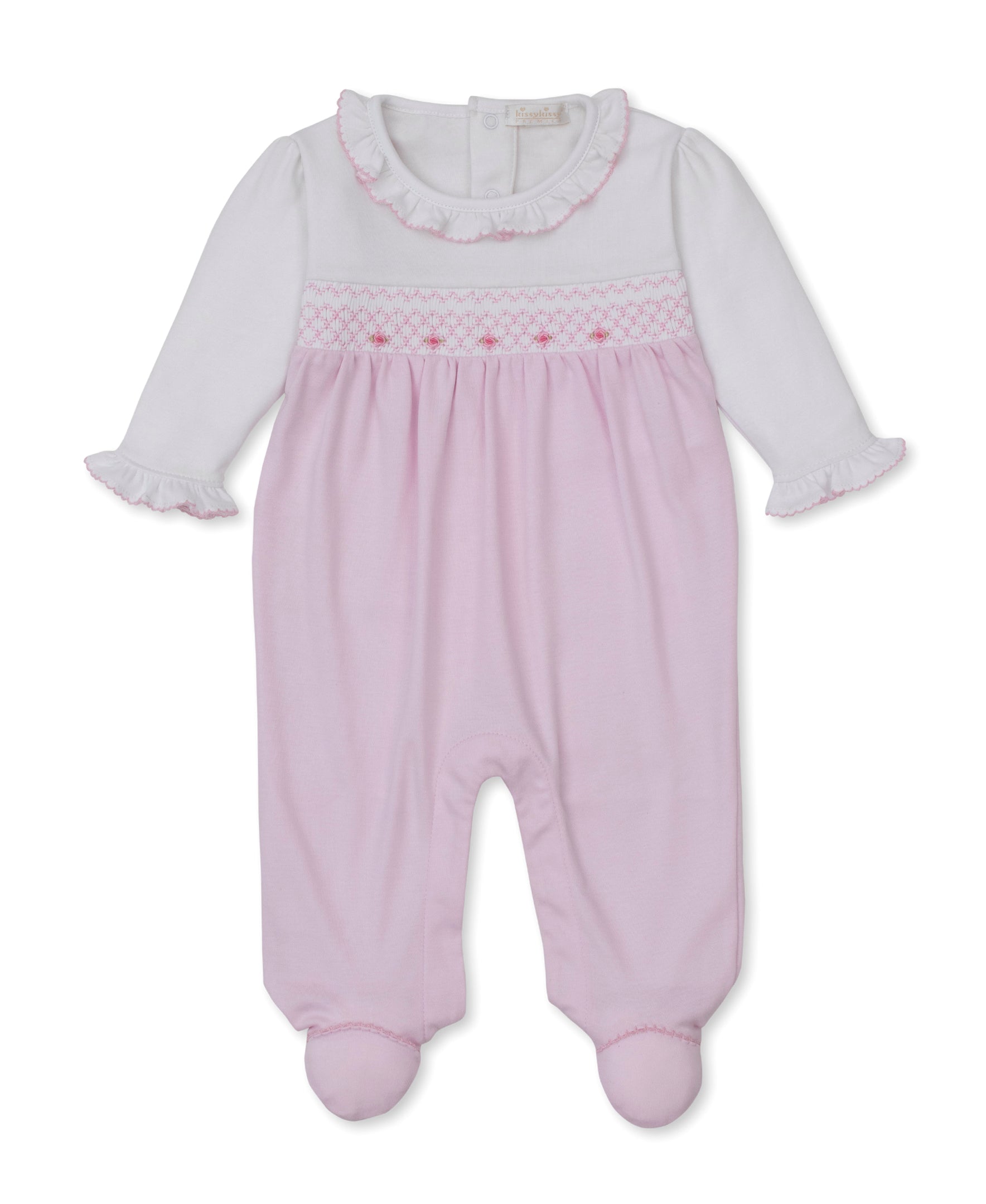 Pink and white long-sleeved baby sleepsuit with a ruffled collar, smocked bodice, and integrated feet.