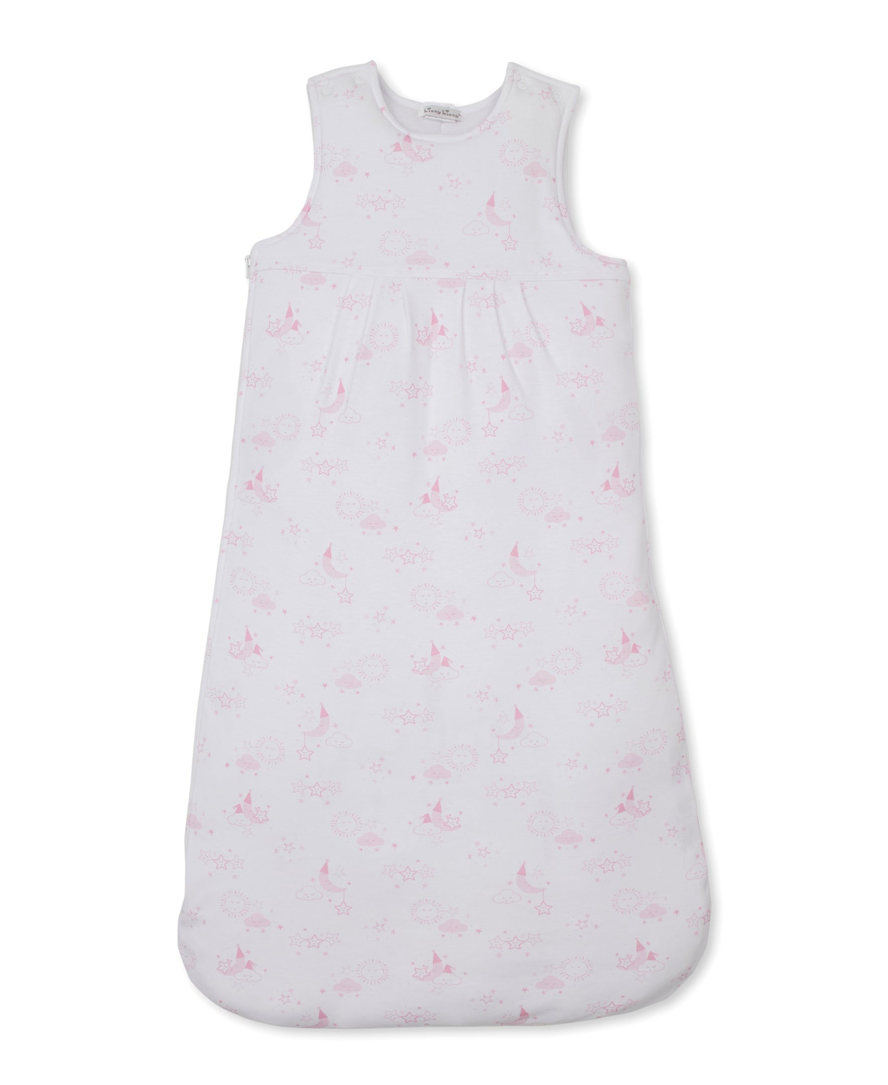 Pink and white baby nest with a celestial print of moons, stars, and clouds, featuring a sleeveless design and side zip.
